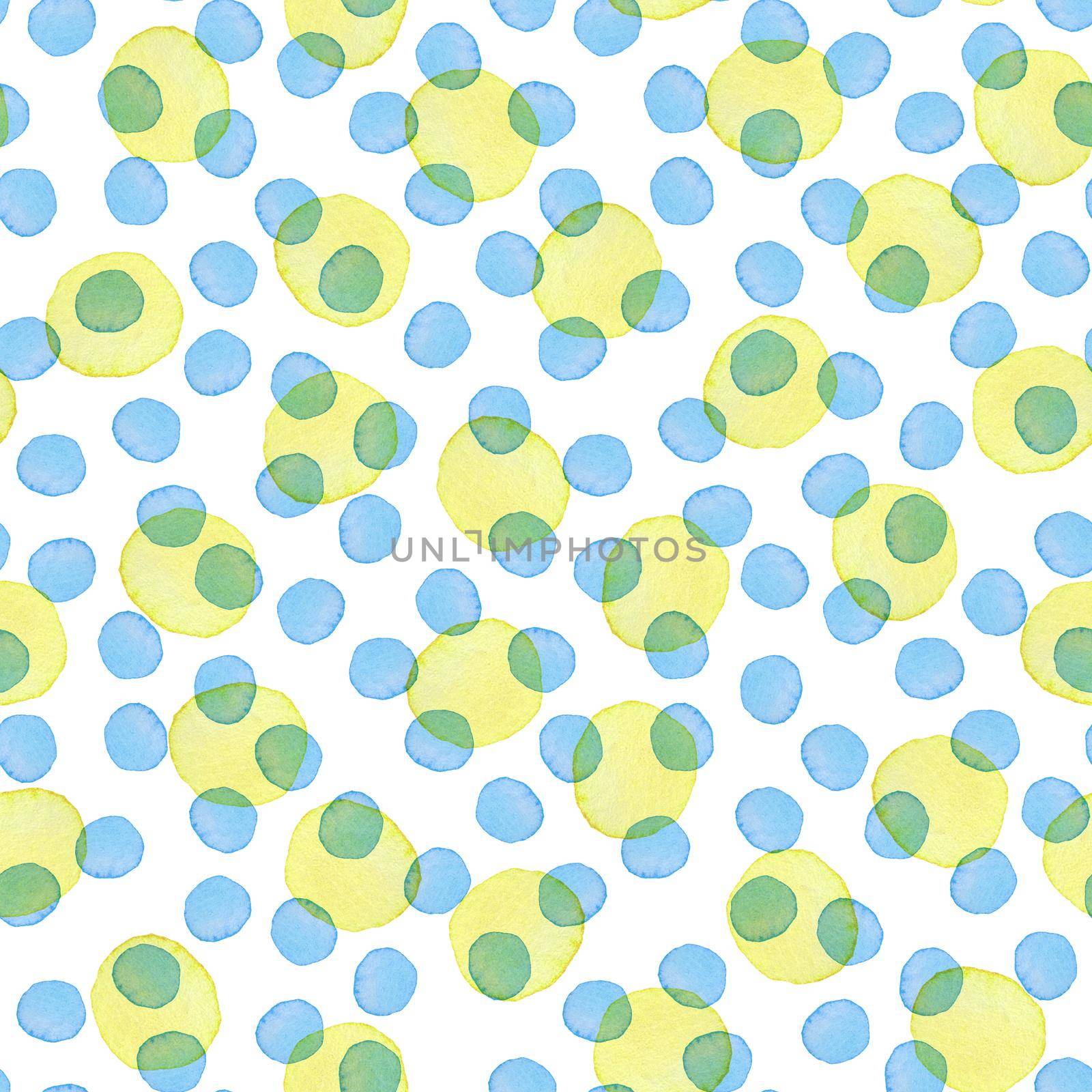 Hand Painted Brush Polka Dot Seamless Watercolor Pattern. Abstract watercolour Round Circles in Blue and Yellow Color. Artistic Design for Fabric and Background by DesignAB