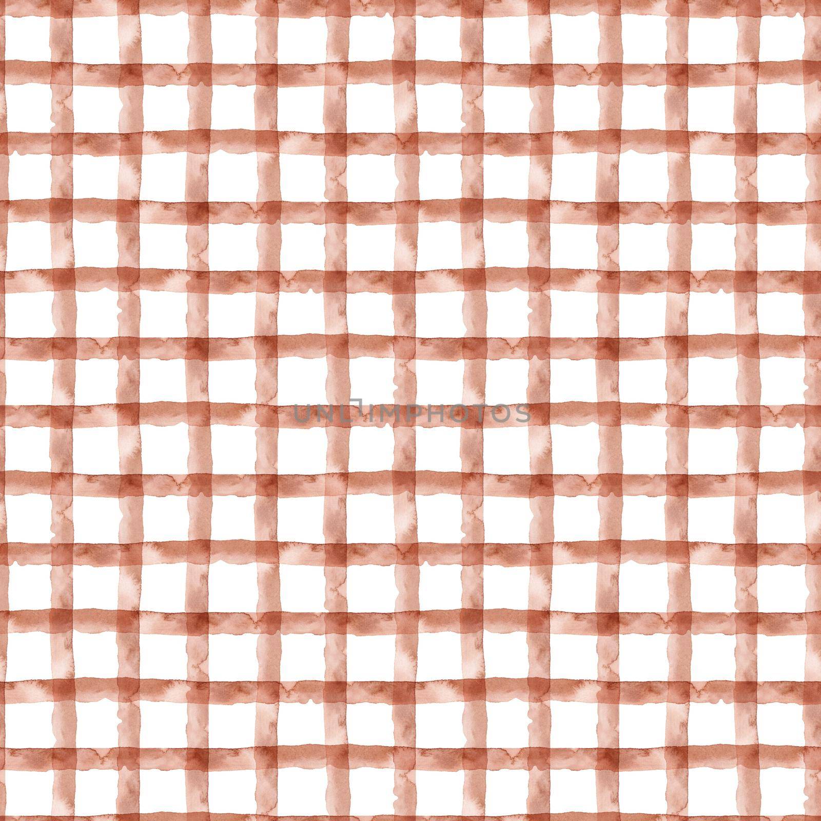 Check Brown Abstract WatercolorSeamless Pattern with Stripes. Plaid Geometric Background. Handmade Texture for Fabric and Wallpaper