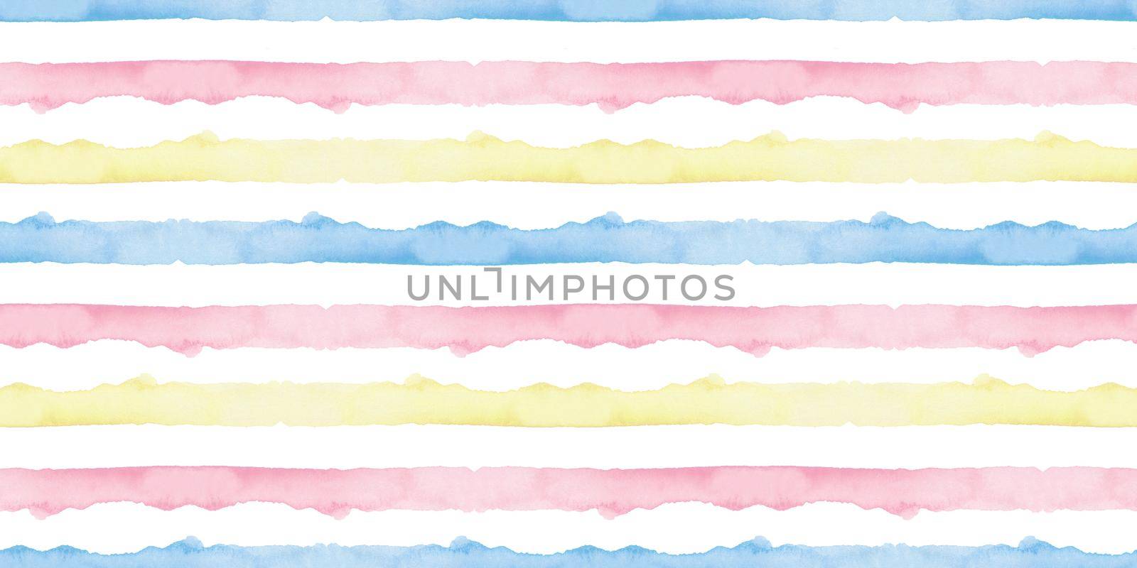 Watercolor Abstract Yellow Pink Blue Stripes Background. Cool Seamless Pattern for Fabric Textile and Paper. Simple Hand Painted Stripe.