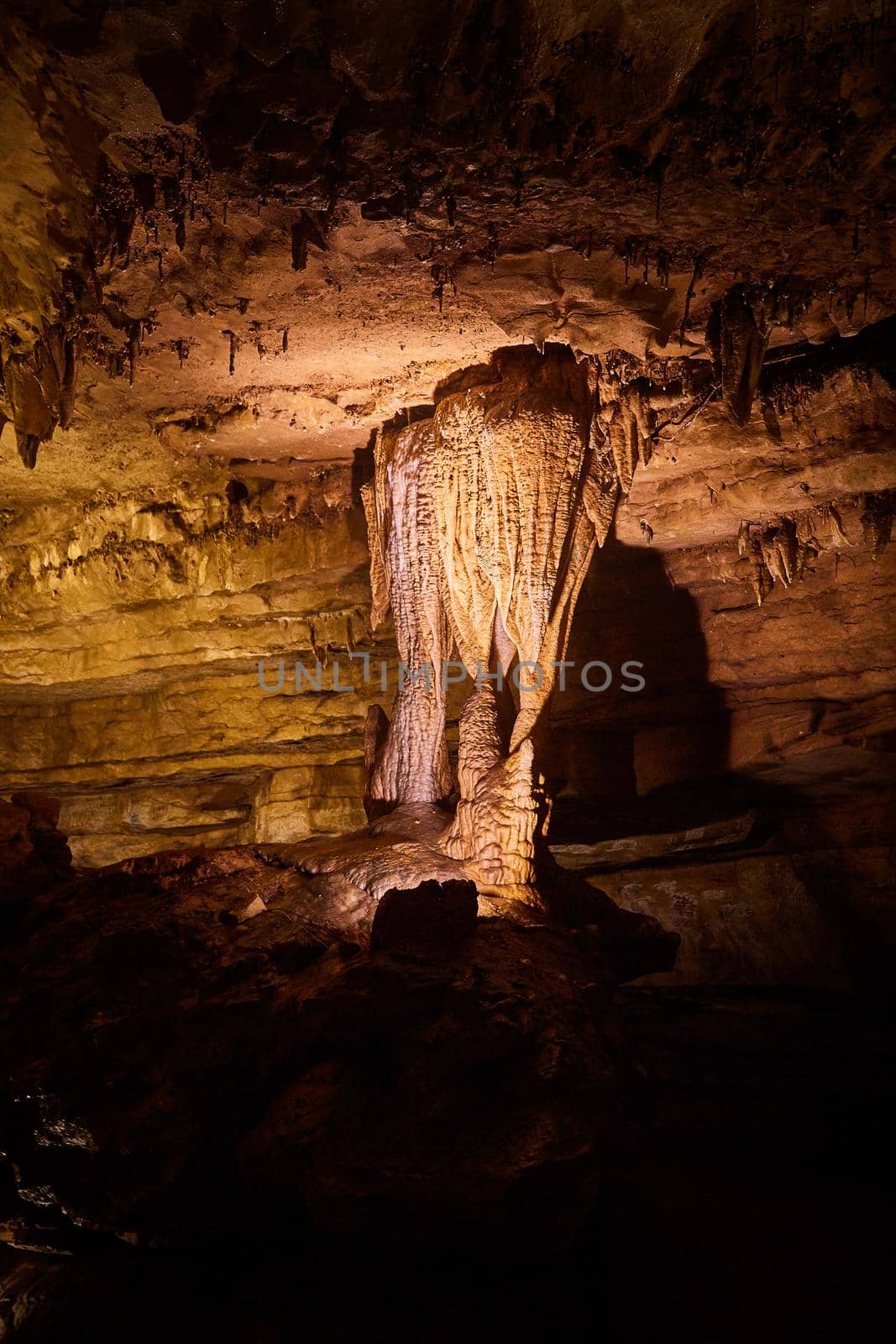 Image of View of large stalagmites and stalactites connecting in column of cave