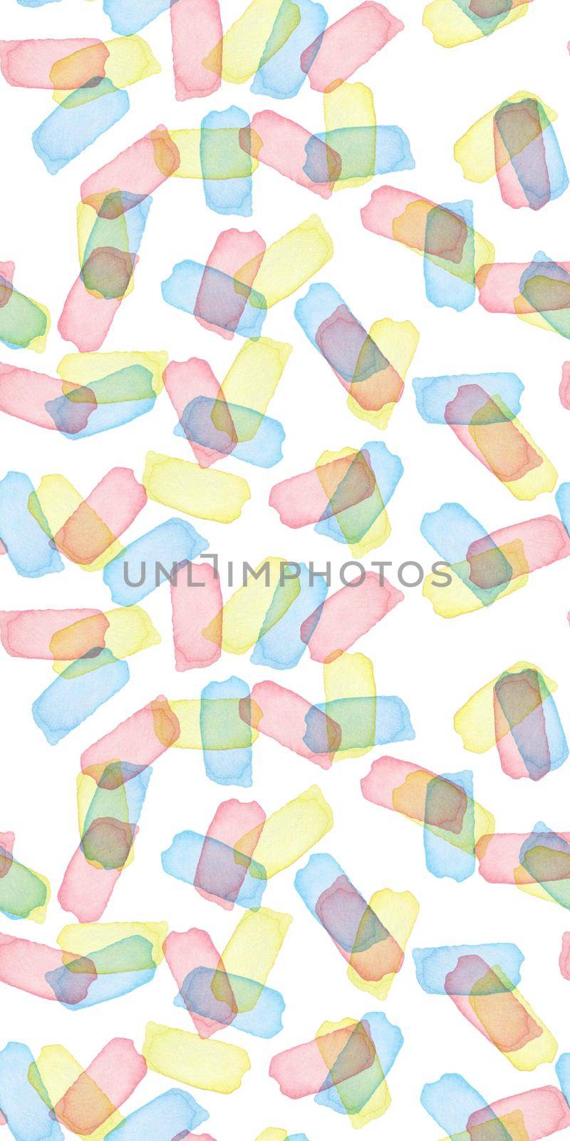 Hand Painted Brush Stroke Seamless Watercolor Pattern. Abstract watercolour shapes in Yellow Pink and Blue Color. Artistic Design for Fabric and Background.