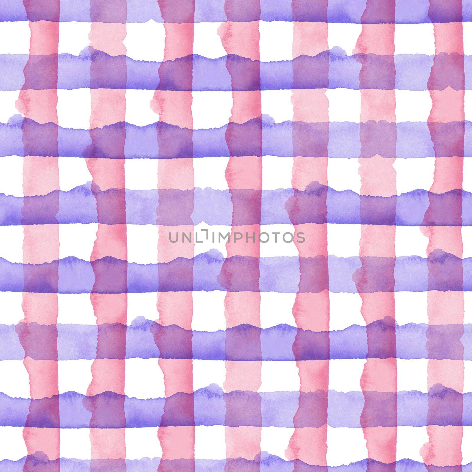 Watercolor Pink Blue Check Geometric Seamless Pattern Background. Plaid in Watercolour Color. Hand Painted Simple Design with Stripes. by DesignAB