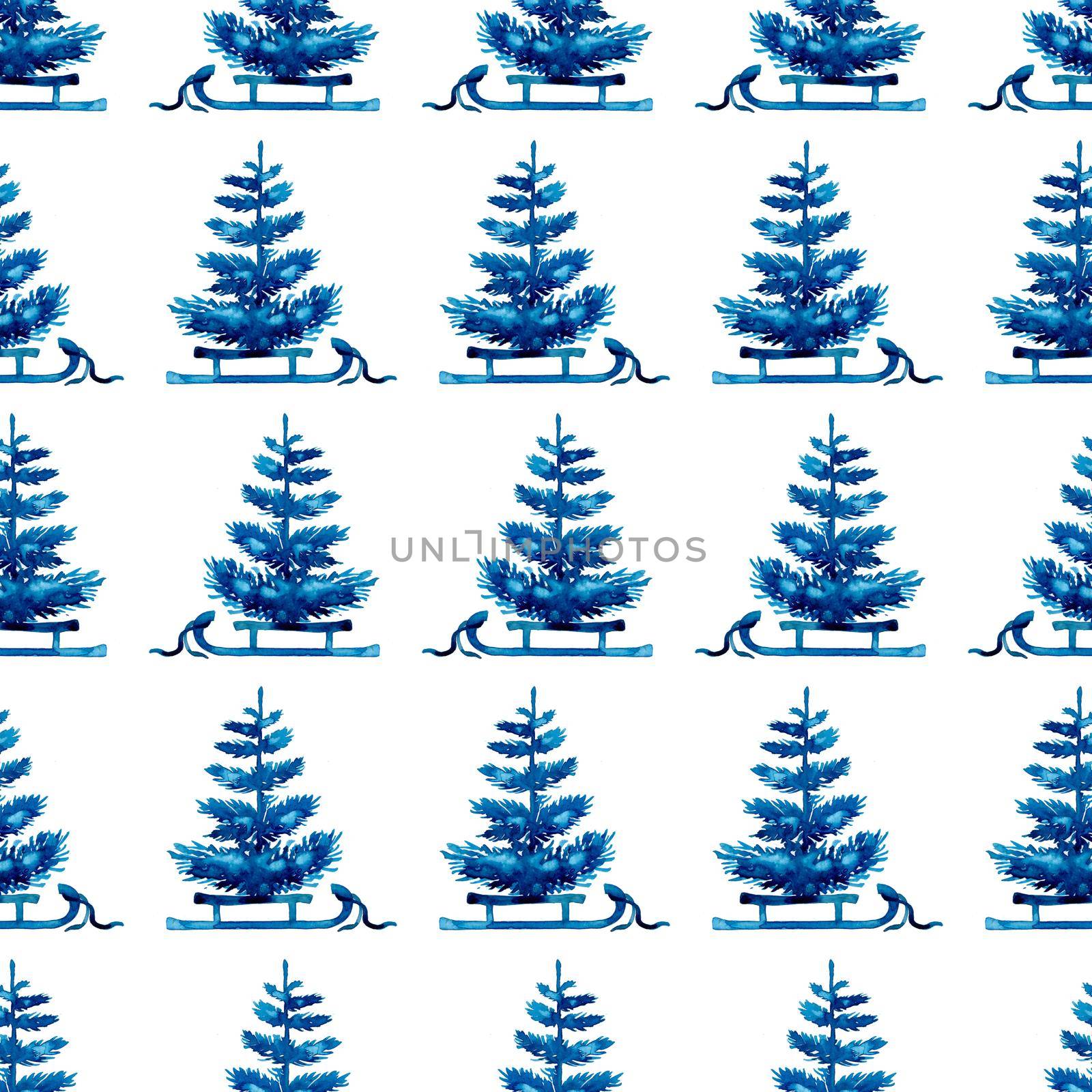 XMAS watercolor Pine Tree and Sleigh Seamless Pattern in Blue Color. Hand Painted fir tree background or wallpaper for Ornament, Wrapping or Christmas Gift by DesignAB