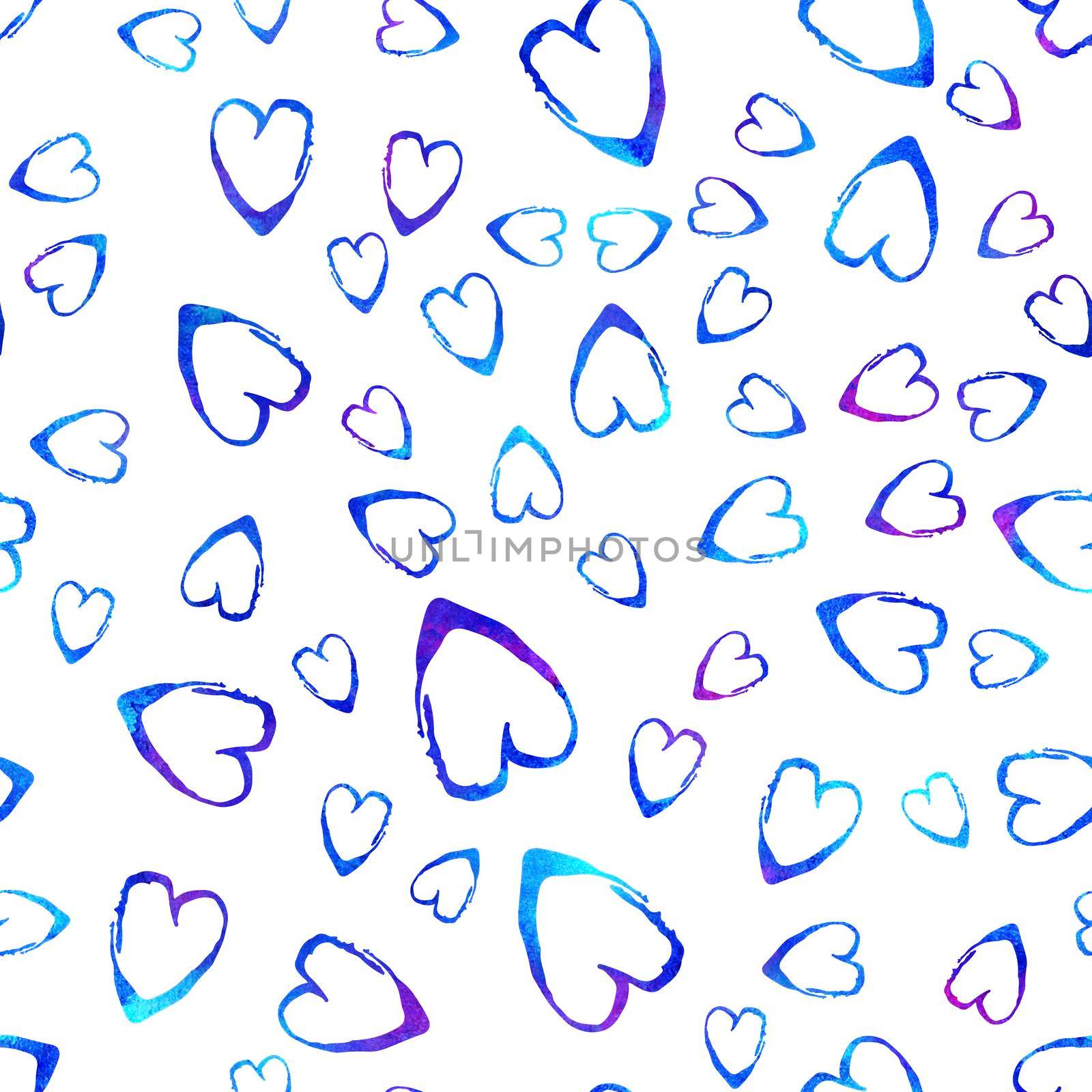 Watercolor Brush Heart Seamless Pattern Love Grange Hand Painted Design in Blue Color. Modern Grung Collage Background for kids fabric and textile.