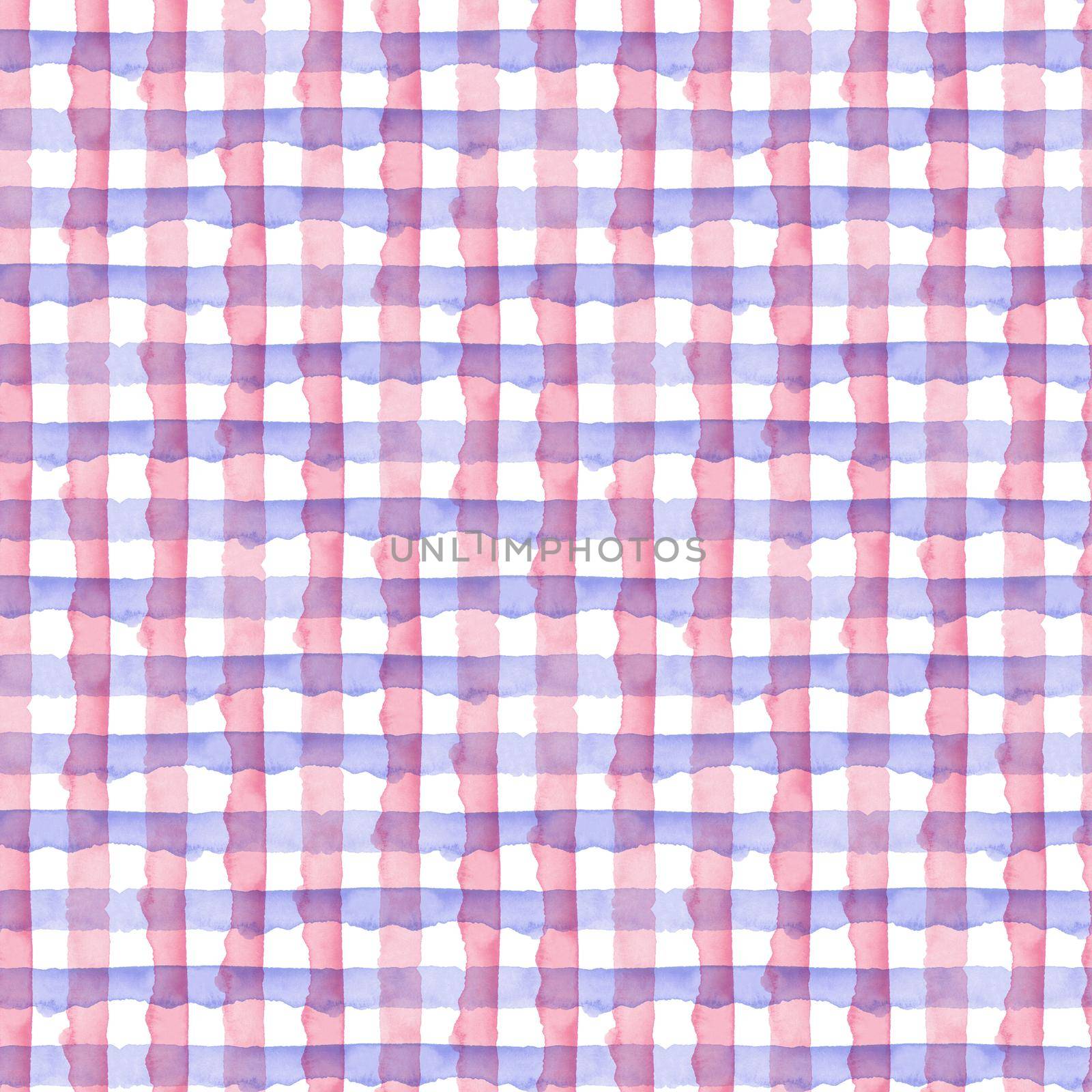 Watercolor Pink Blue Check Geometric Seamless Pattern Background. Plaid in Watercolour Color. Hand Painted Simple Design with Stripes. by DesignAB