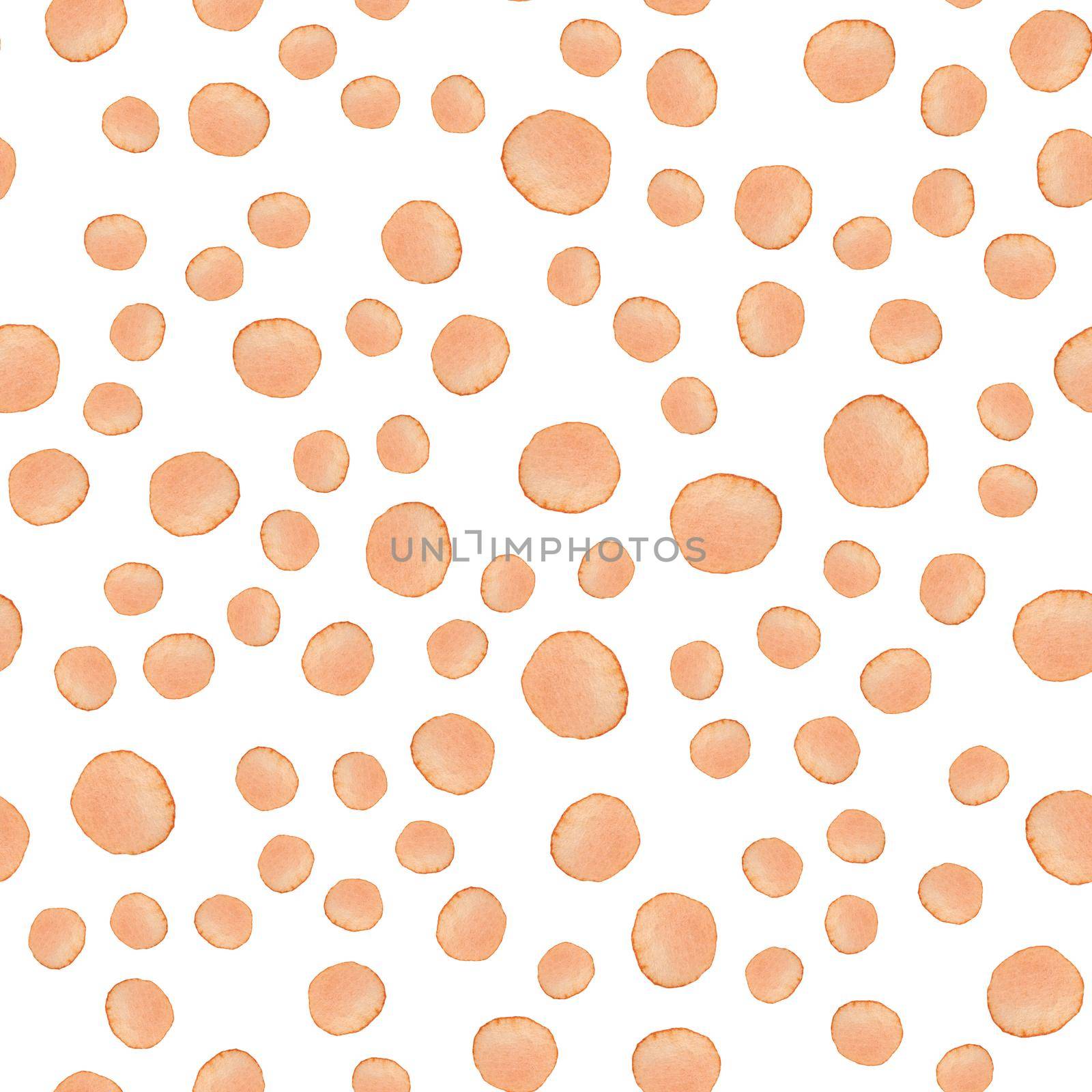 Hand Painted Brush Polka Dot Seamless Watercolor Pattern. Abstract watercolour Round Circles in Orange Color. Artistic Design for Fabric and Background.