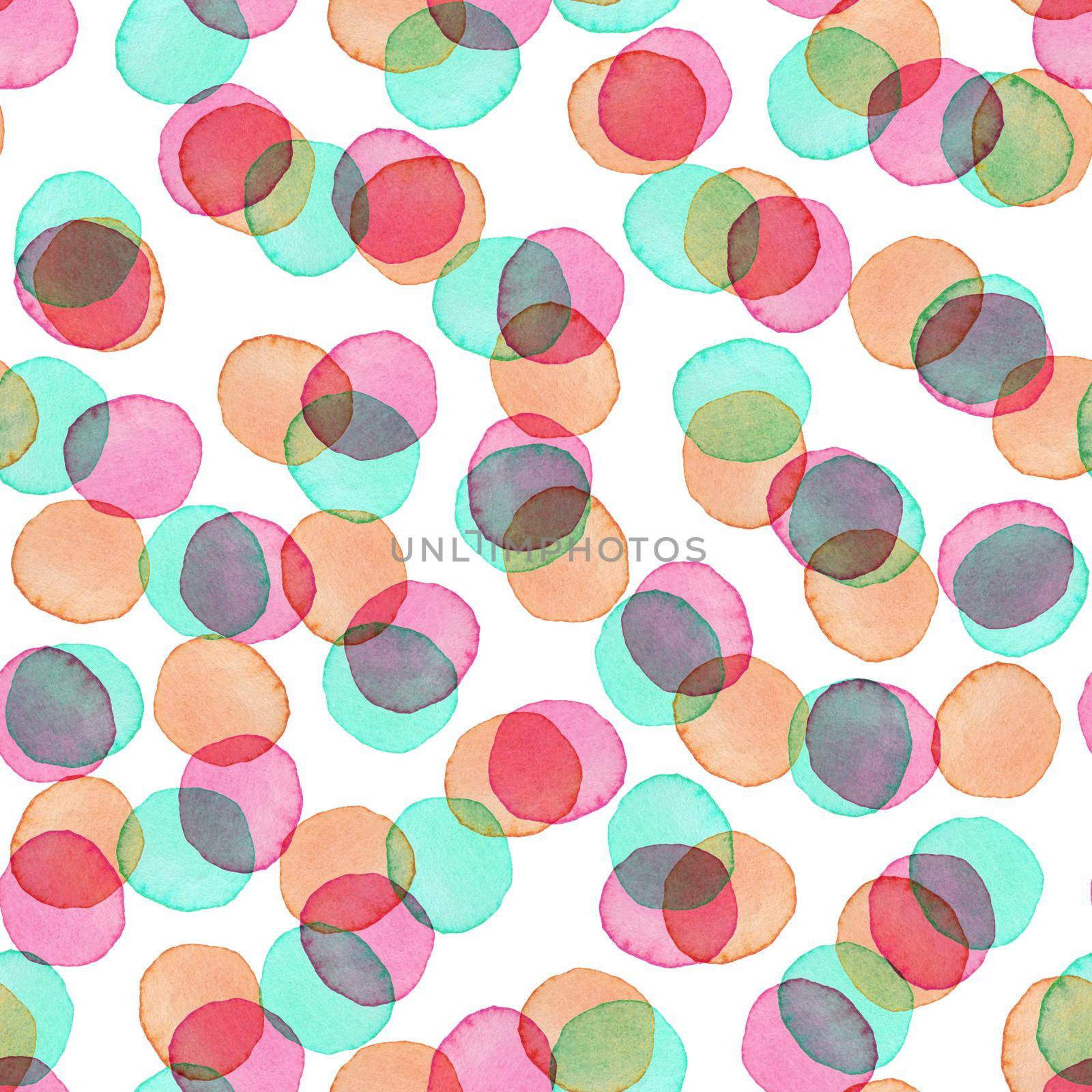 Hand Painted Polka Dot Seamless Watercolor Pattern. Circle Abstract watercolour shapes in Pink and Blue Color. Round Artistic Design for Fabric and Background.