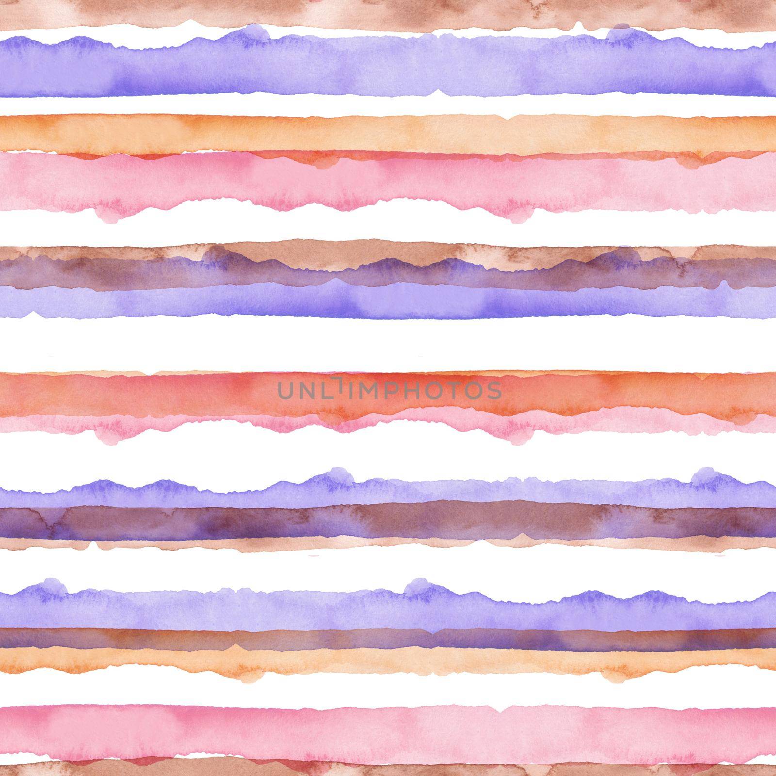 Watercolor Abstract Orange Pink Blue Stripes Background. Cool Seamless Pattern for Fabric Textile and Paper. Simple Hand Painted Stripe.