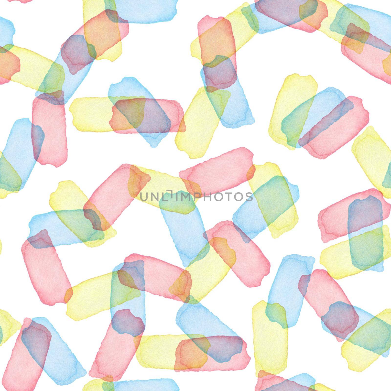 Hand Painted Brush Stroke Seamless Watercolor Pattern. Abstract watercolour shapes in Yellow Pink and Blue Color. Artistic Design for Fabric and Background.