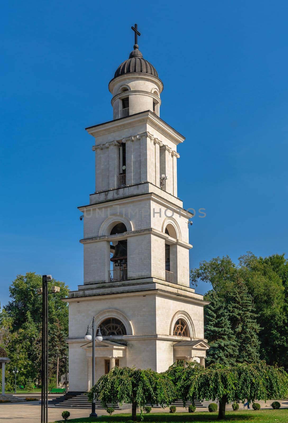 Chisinau, Moldova – 12.09.2021. Bell tower in the Chisinau Cathedral Park, Moldova, on a sunny autumn day