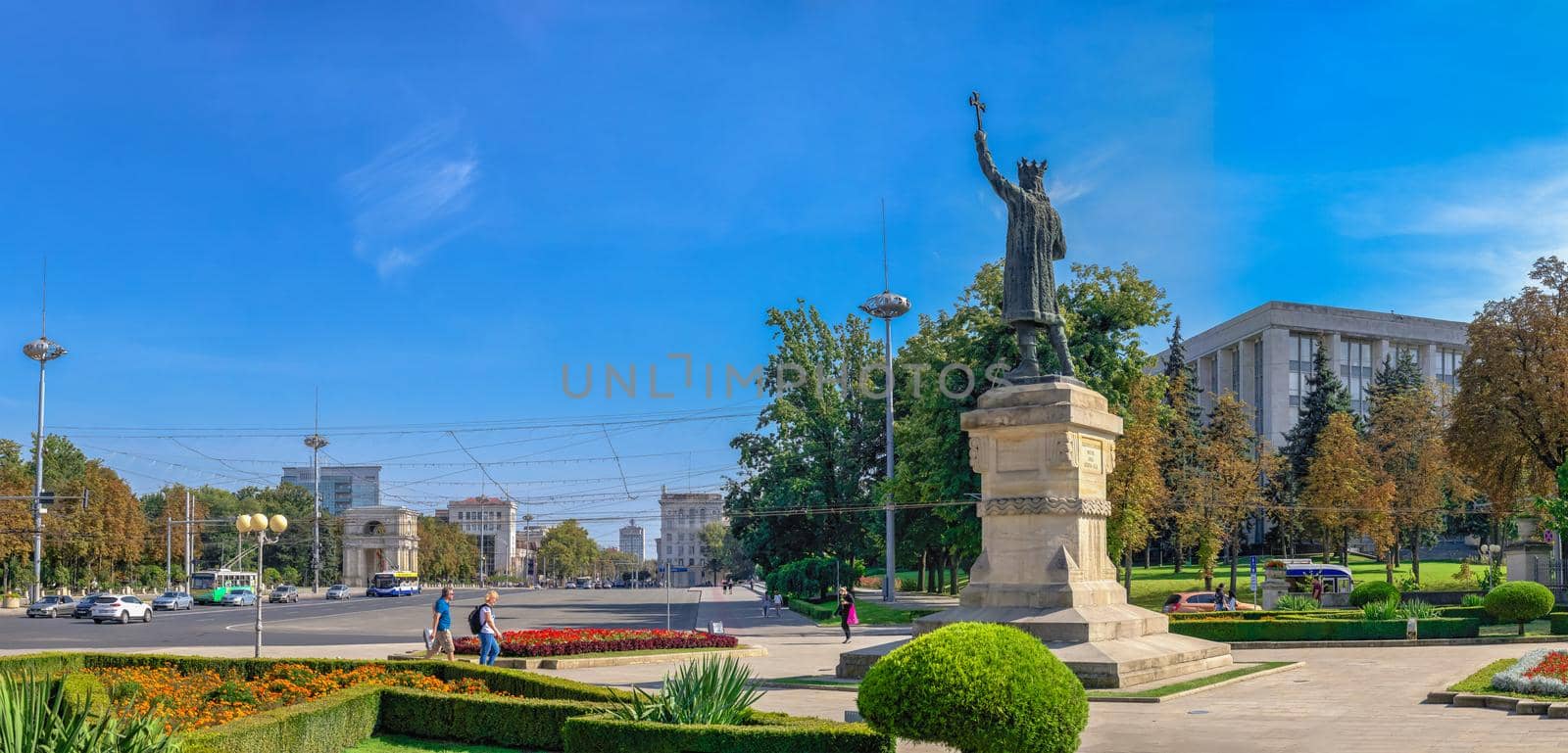 Chisinau, Moldova – 12.09.2021. Monument to Stefan cel Mare in the center of Chisinau, capital of Moldova, on a sunny autumn day