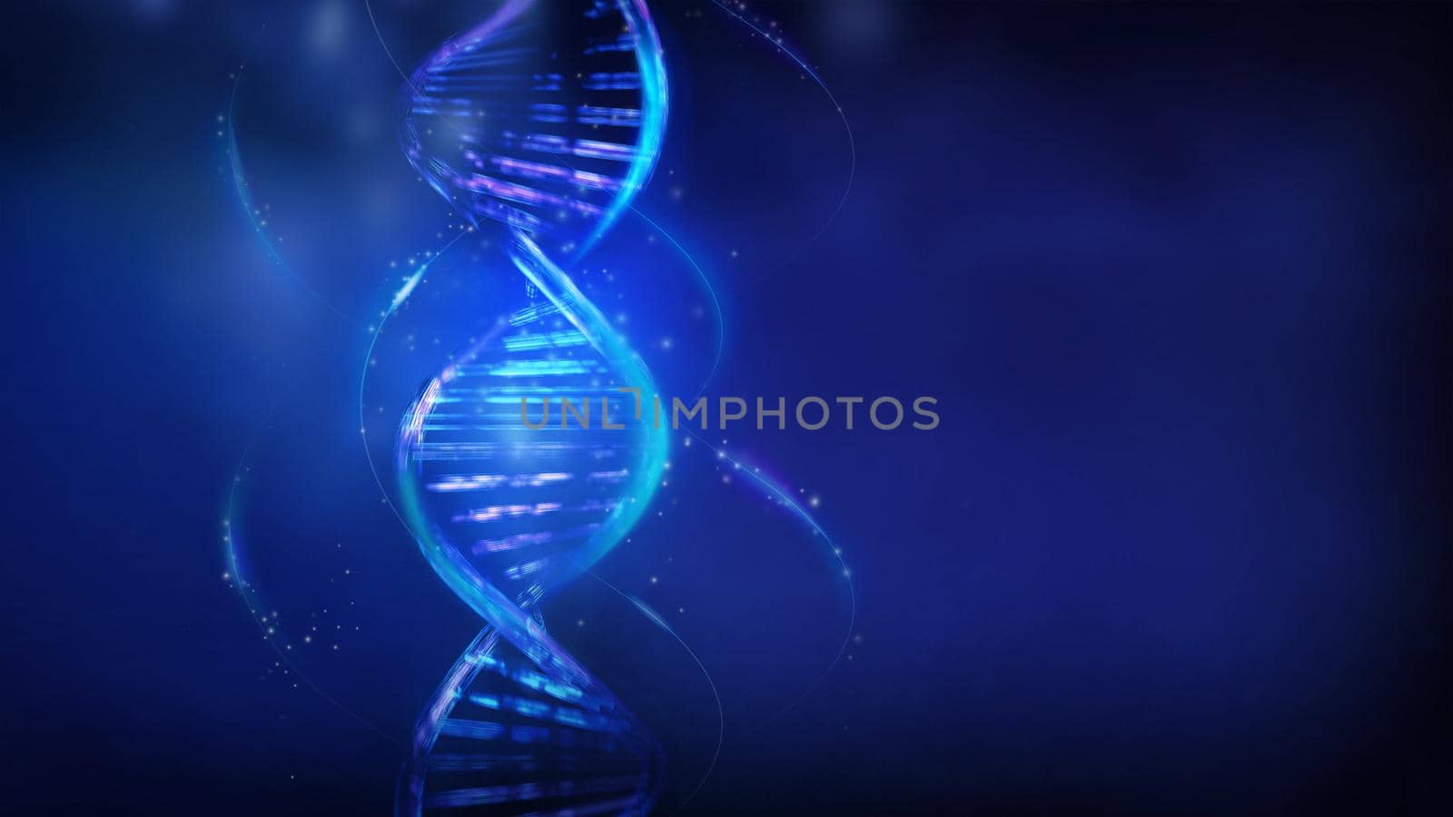 Vertical model of abstract DNA double helix, glowing in virtual space. 3D render.