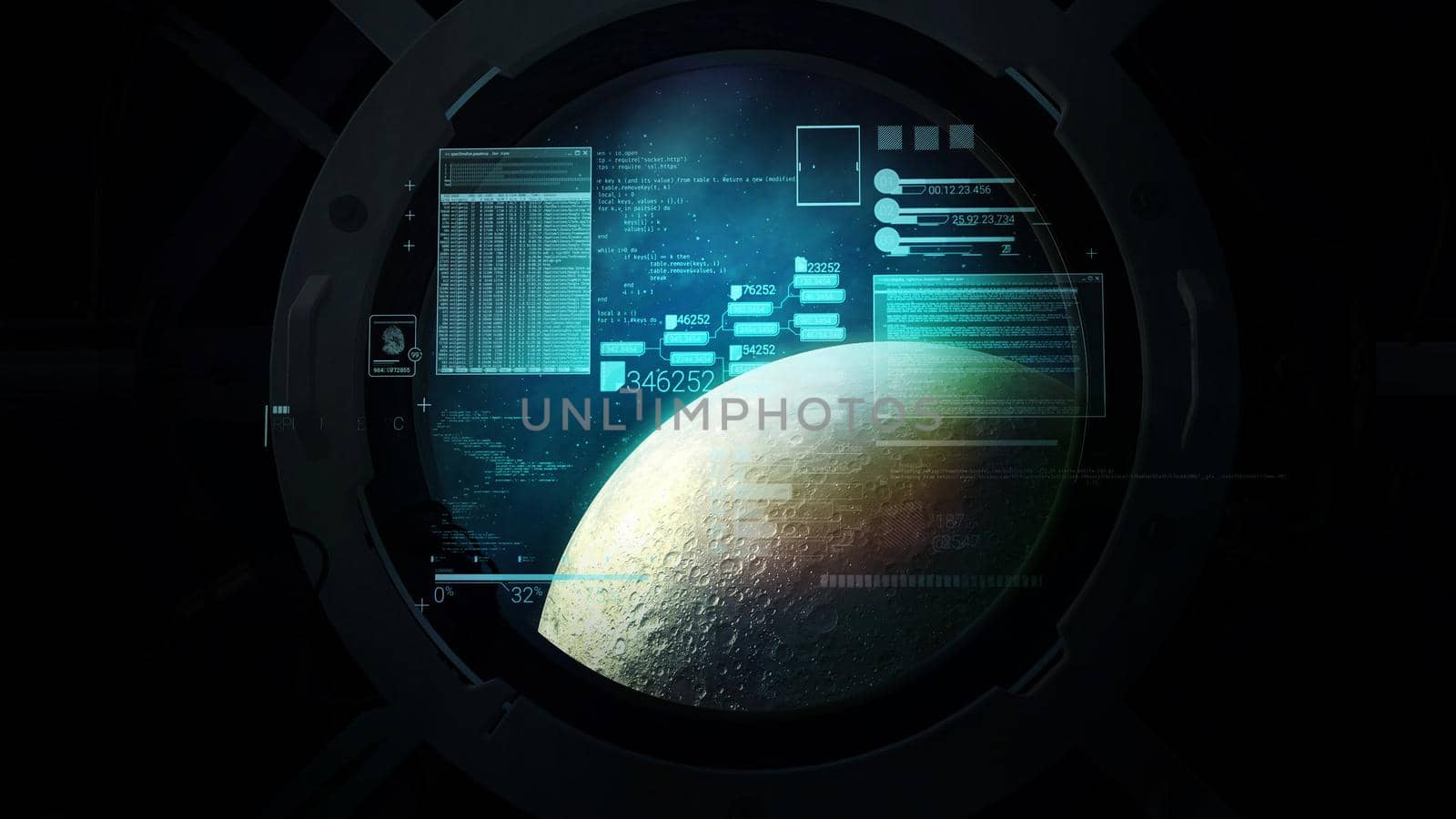 Virtual flight calculations on the background of the moon in the porthole. 3D render by ConceptCafe