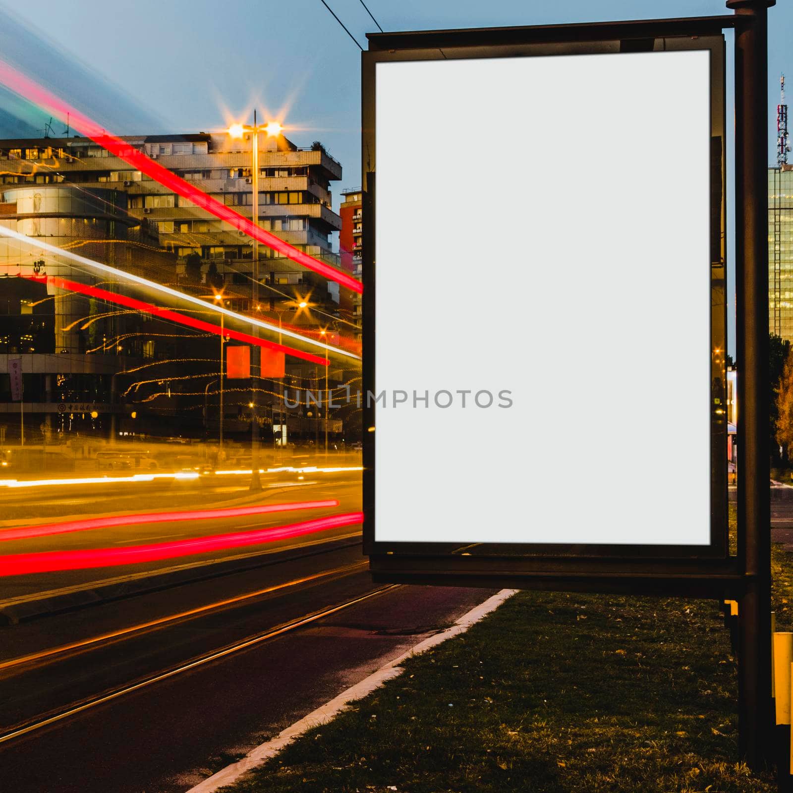 empty white billboard with light trails city night by Zahard