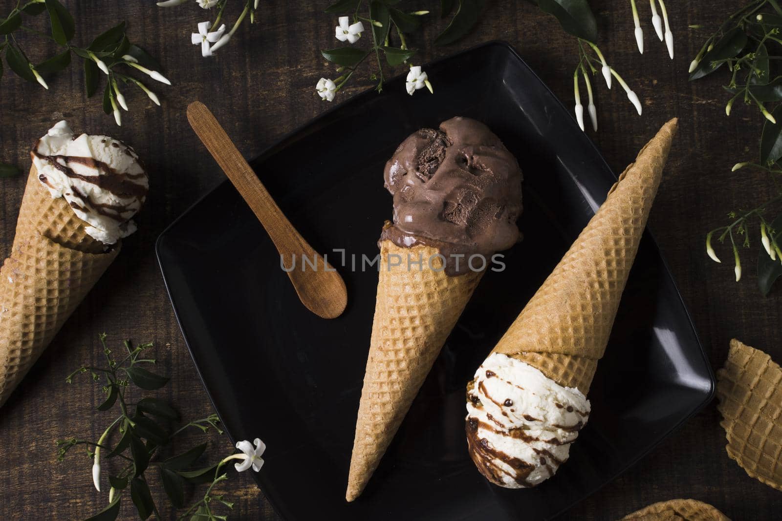 top view homemade ice cream cones with chocolate. Resolution and high quality beautiful photo