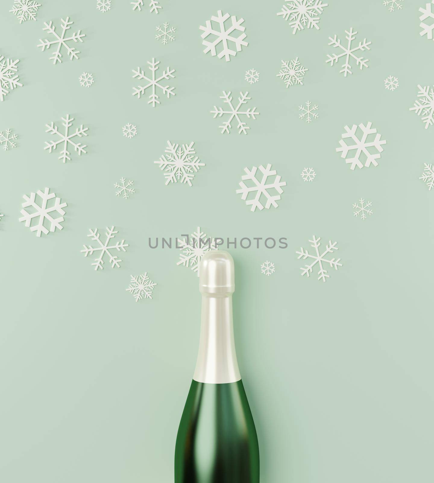 Merry Christmas and Happy New Year, Champagne bottle with white snowflakes on green pastel background, Minimal decorated Christmas, Winter snow party holiday season, 3D rendering illustration