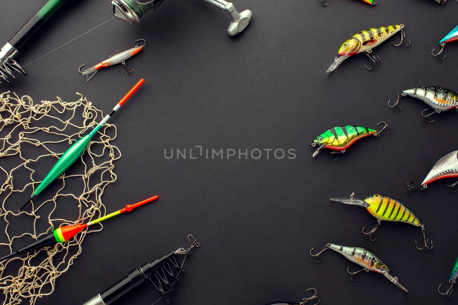 high angle colorful fishing bait with net. High resolution photo