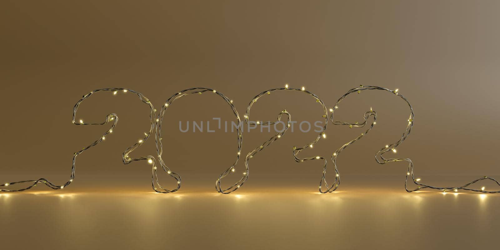 glowing christmas lights forming the number 2022 for new year. 3d rendering