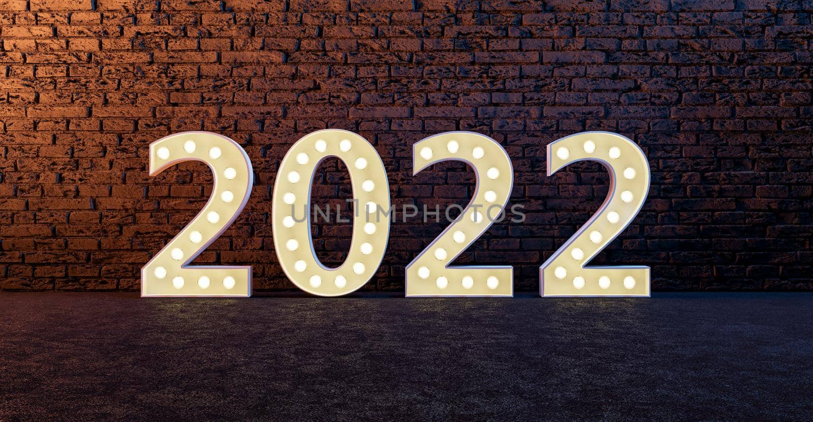 New year 2022 sign with lights bulbs on brick wall with warm lighting. 3d rendering