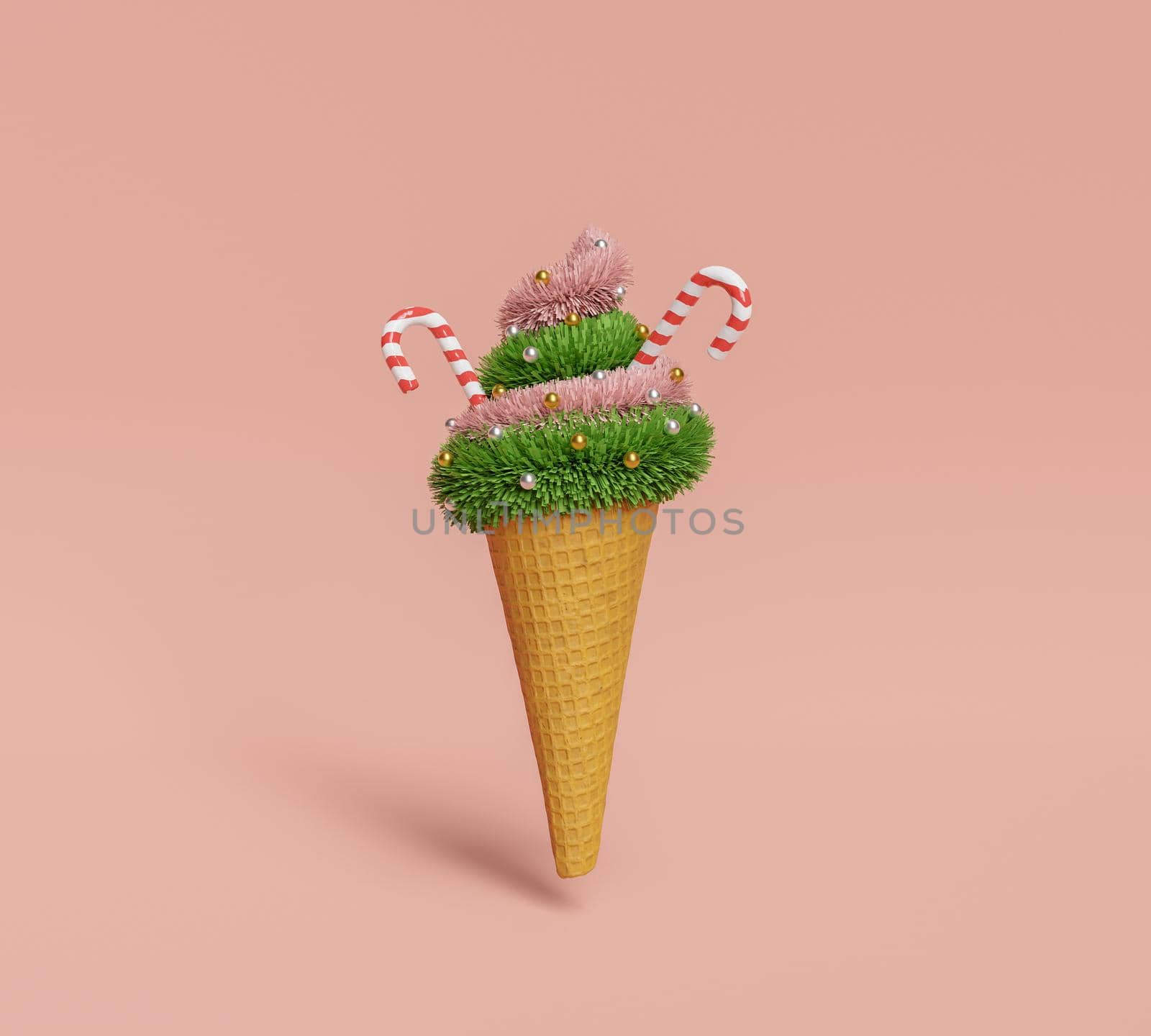 cookie ice cream with garland and christmas decorations. minimalist christmas concept. 3d rendering