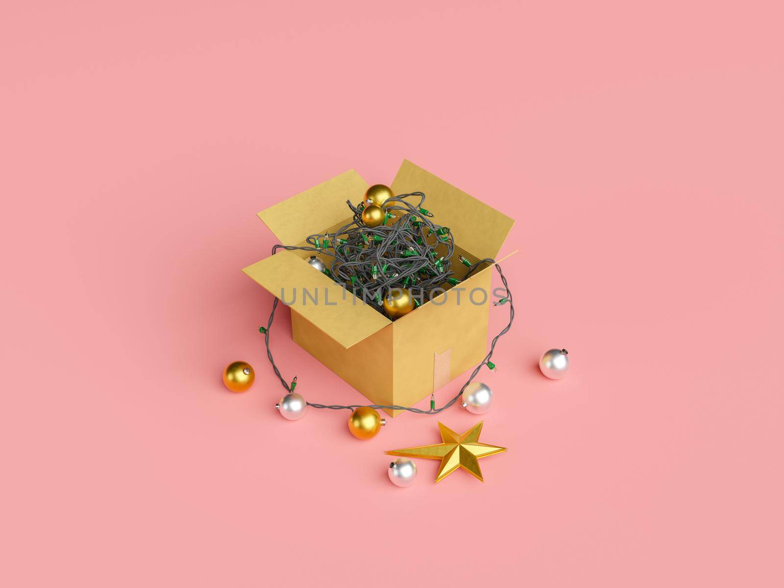 cardboard box filled with tangled christmas lights and ornament balls. christmas decoration concept. christmas arrival. 3d rendering