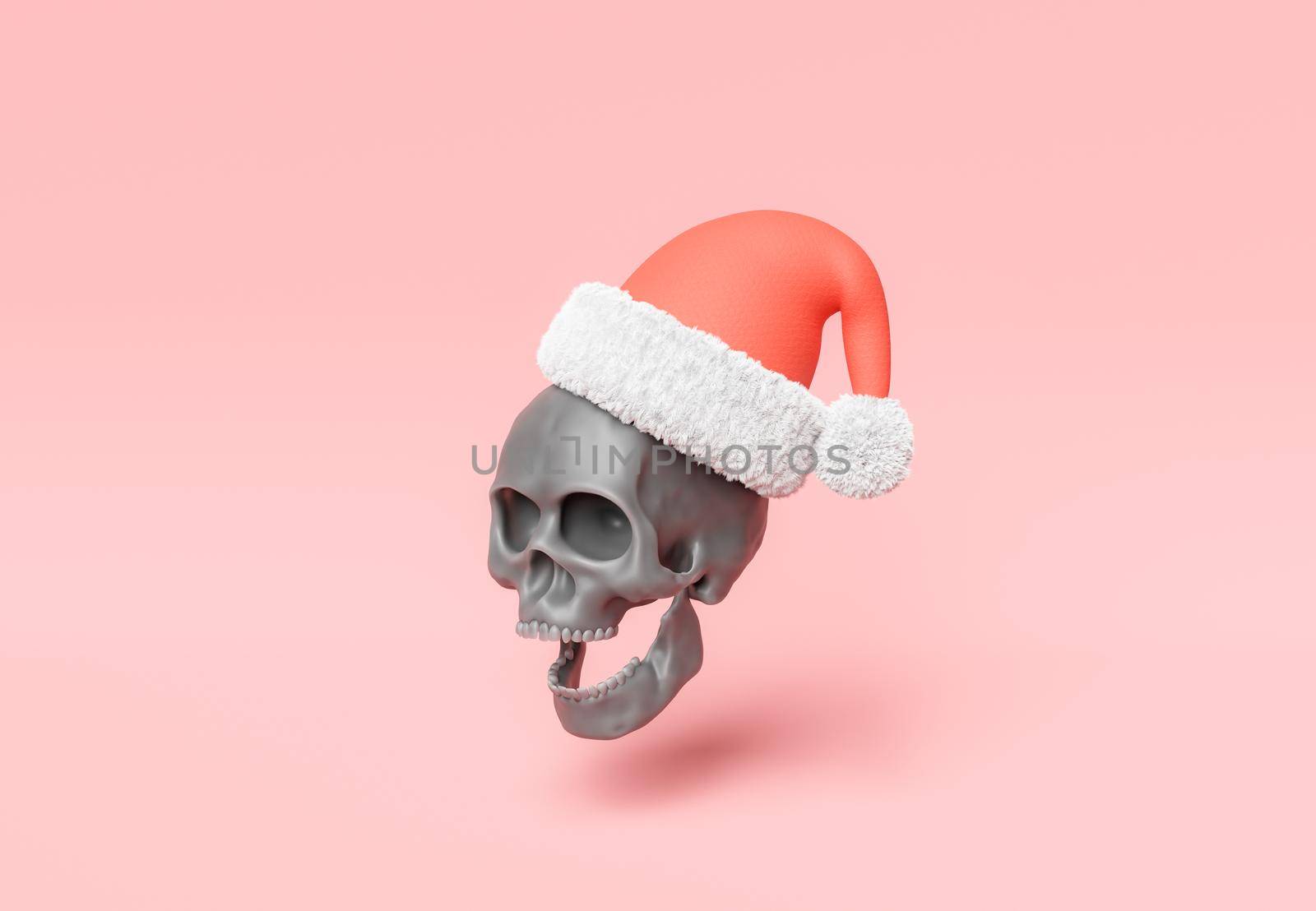 dark skull with christmas hat. 3d rendering
