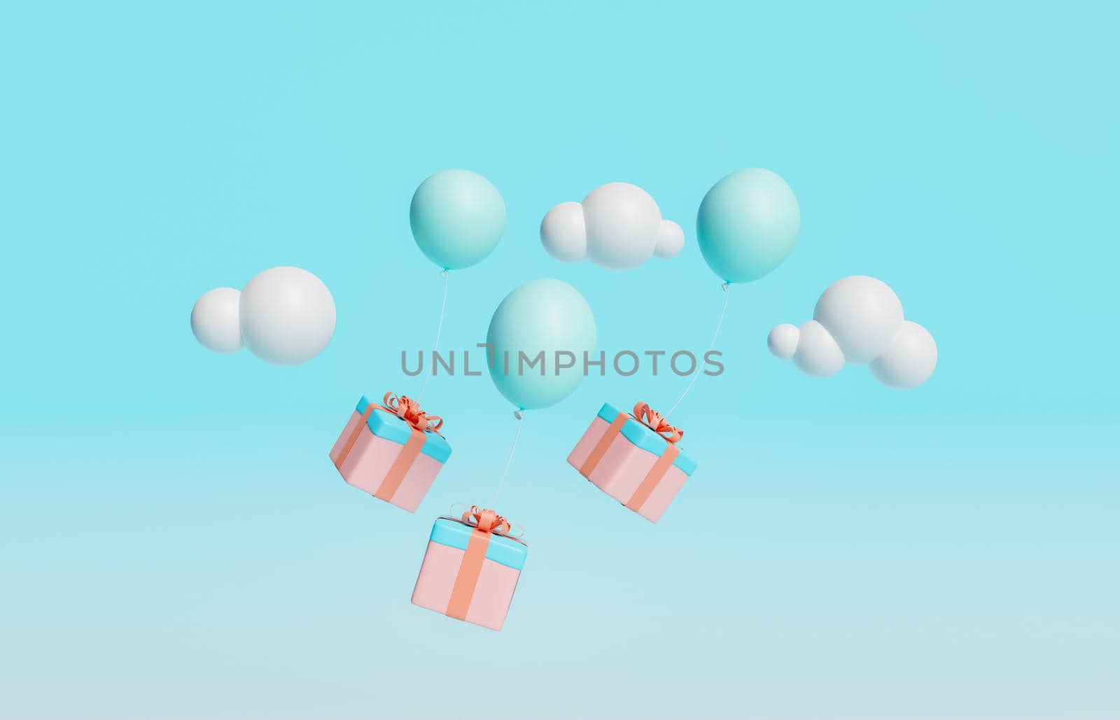 gifts flying with tied balloons and clouds around. 3d rendering