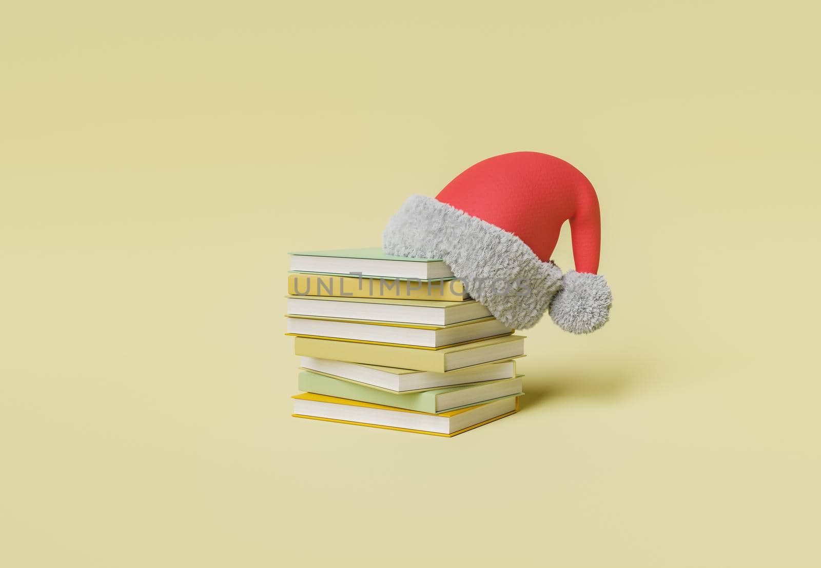 pile of books with christmas hat on top. concept of school vacations, study and learning at christmas. 3d rendering