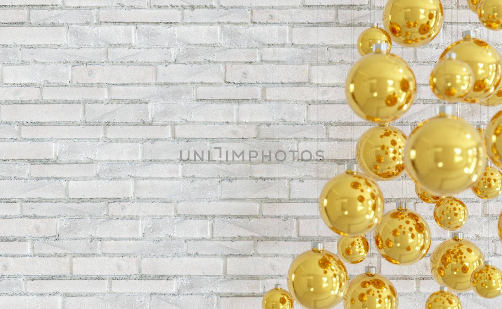 golden christmas balls hung in front of a white brick wall with copy space. 3d rendering