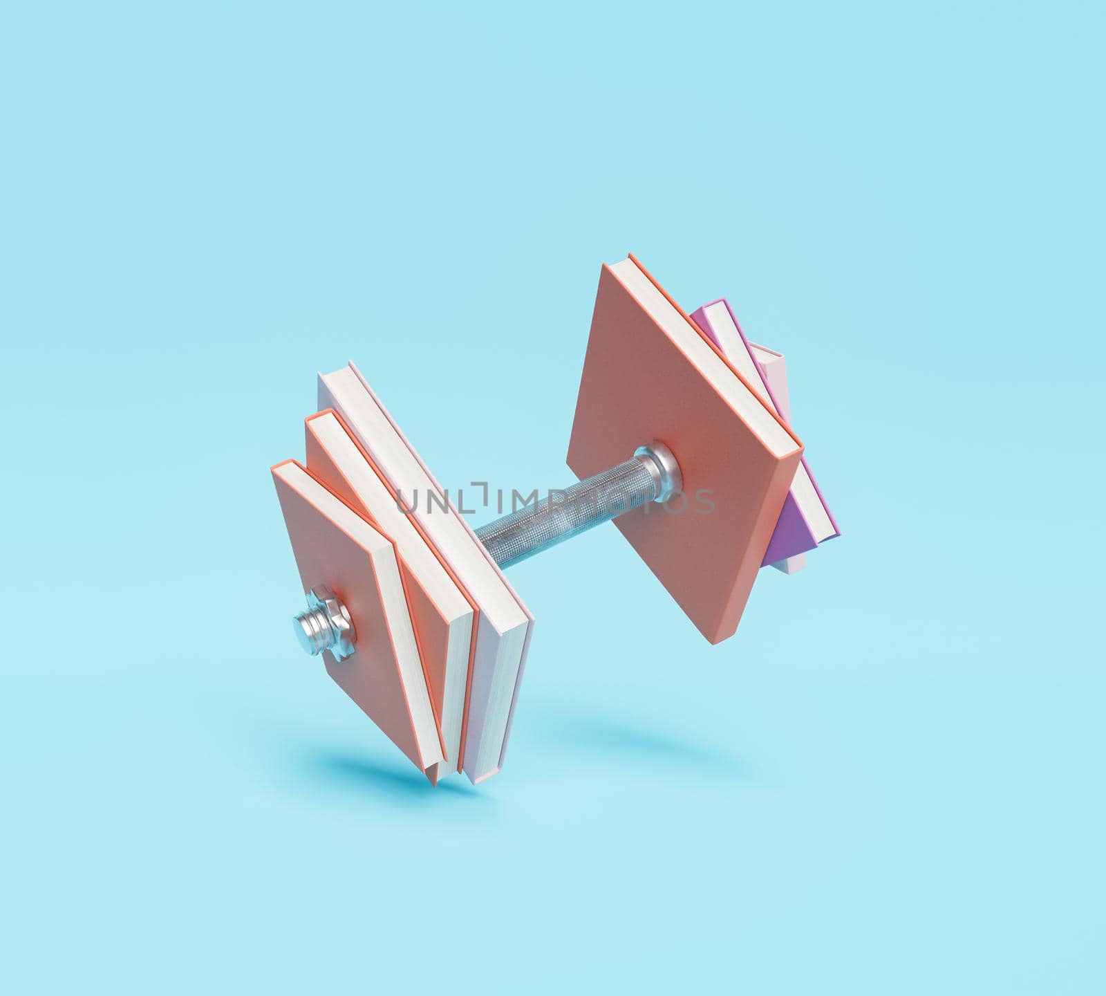 dumbbell of books floating on blue background. concept of education, study and strong intelligence. 3d rendering