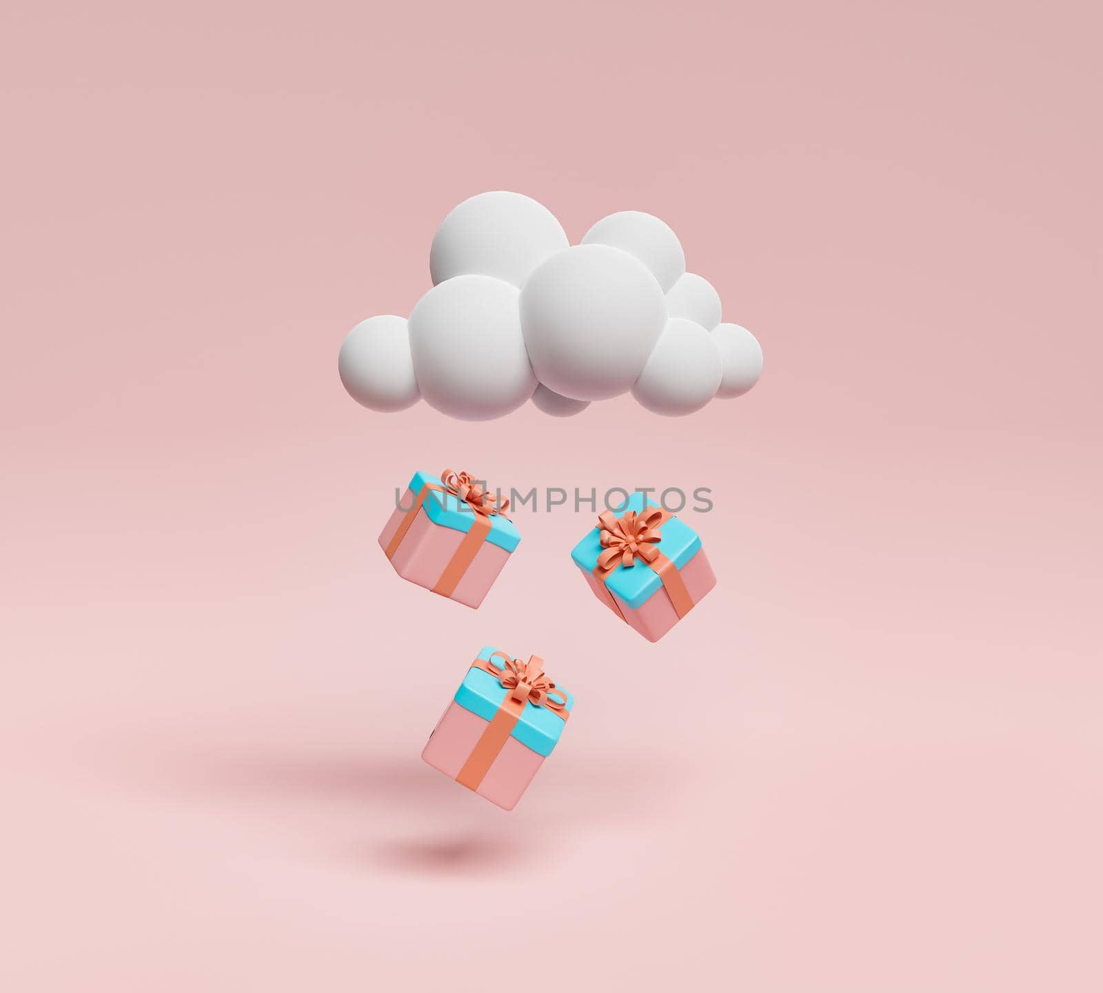 gifts falling from a cloud on a red background. 3d rendering