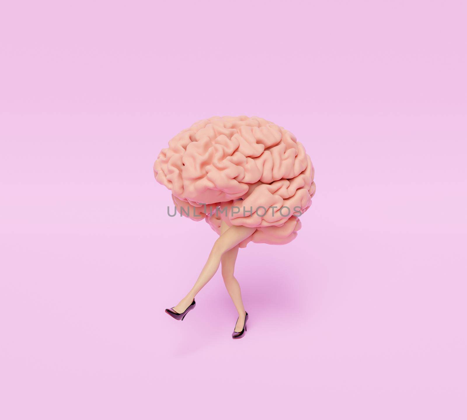 brain with stylized female legs and heels. minimalistic concept. 3d rendering