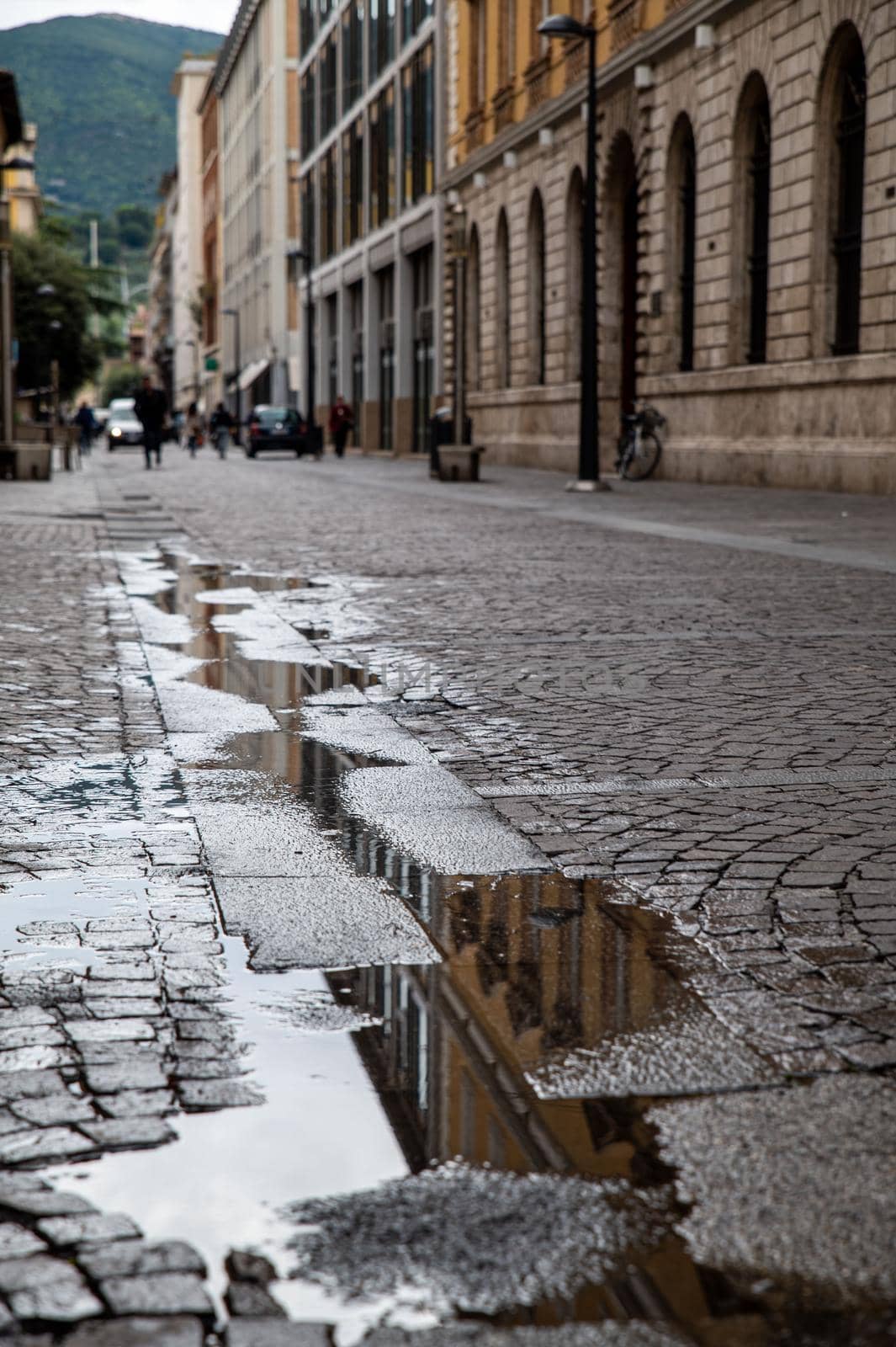 reflects water and reflects buildings after a downpour