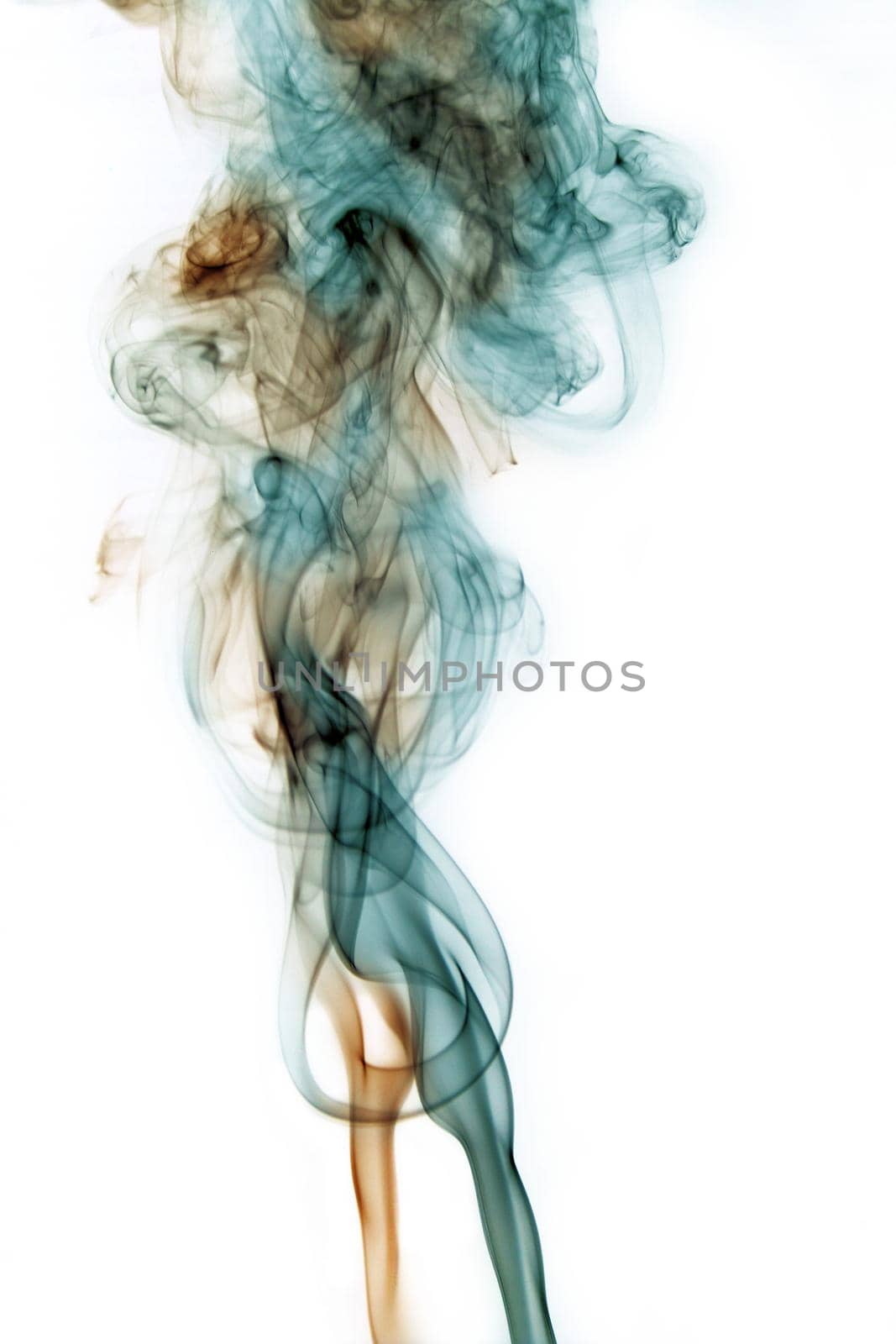 Image of Orange and teal smoke twisting together and mixing on a white background