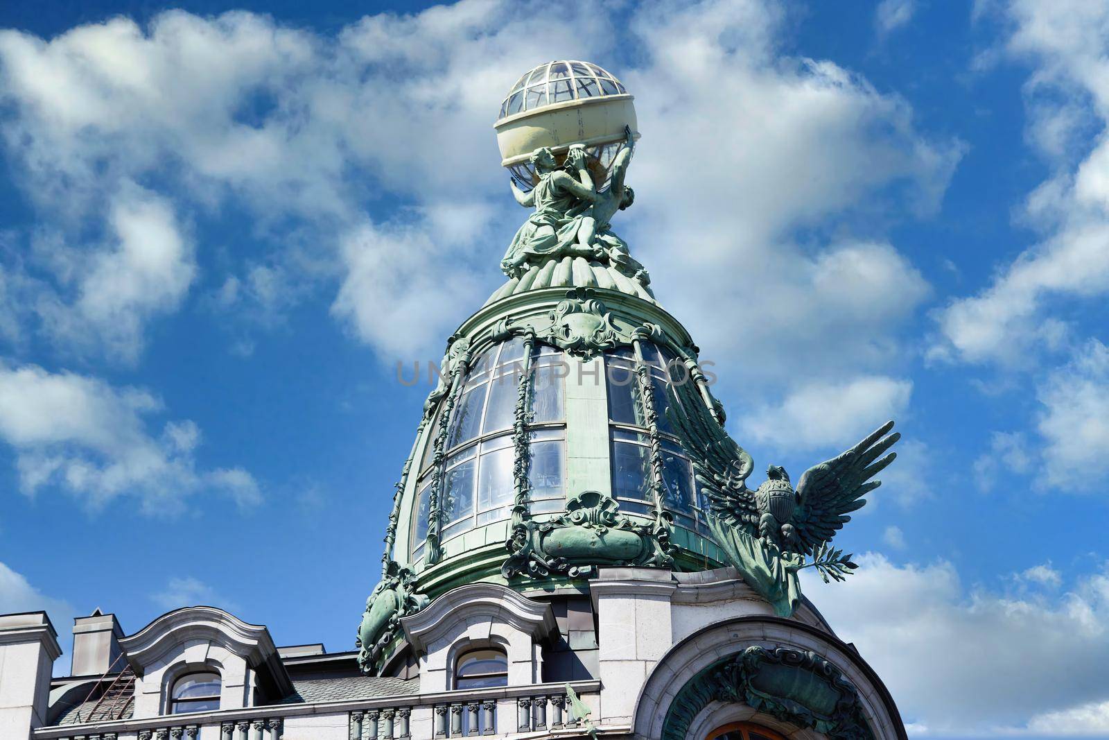 View of architectural details of the famous Singer House Building in St. Petersburg. House of Books city landmark