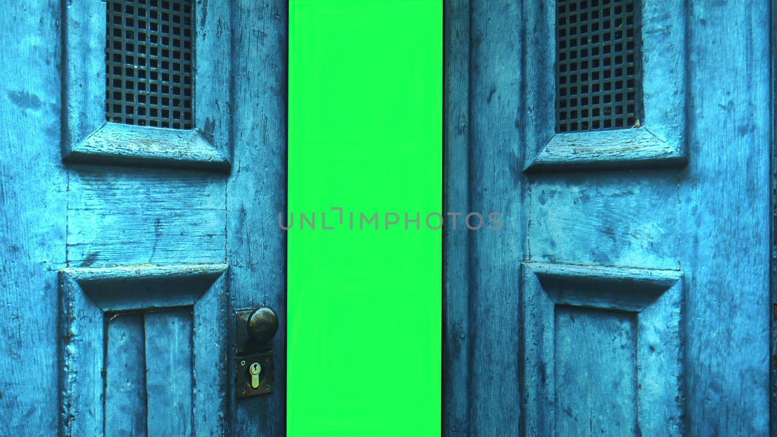3d illustration - wooden door opening to green screen