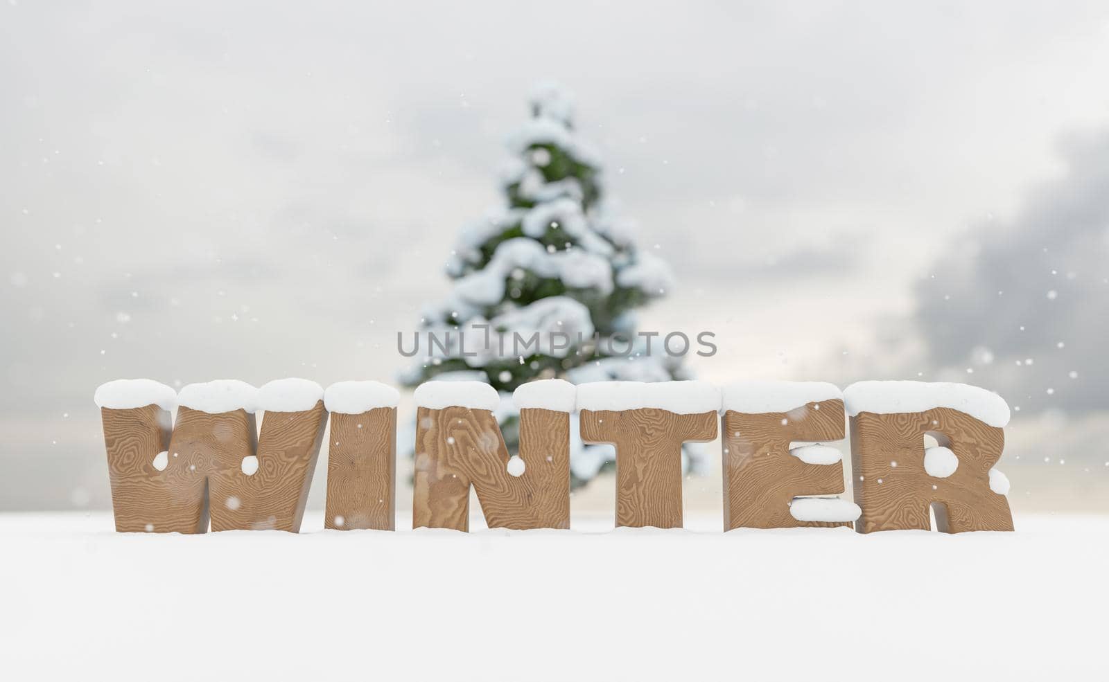 snowy wooden sign with the word WINTER and snow falling with cloudy sky. 3d render