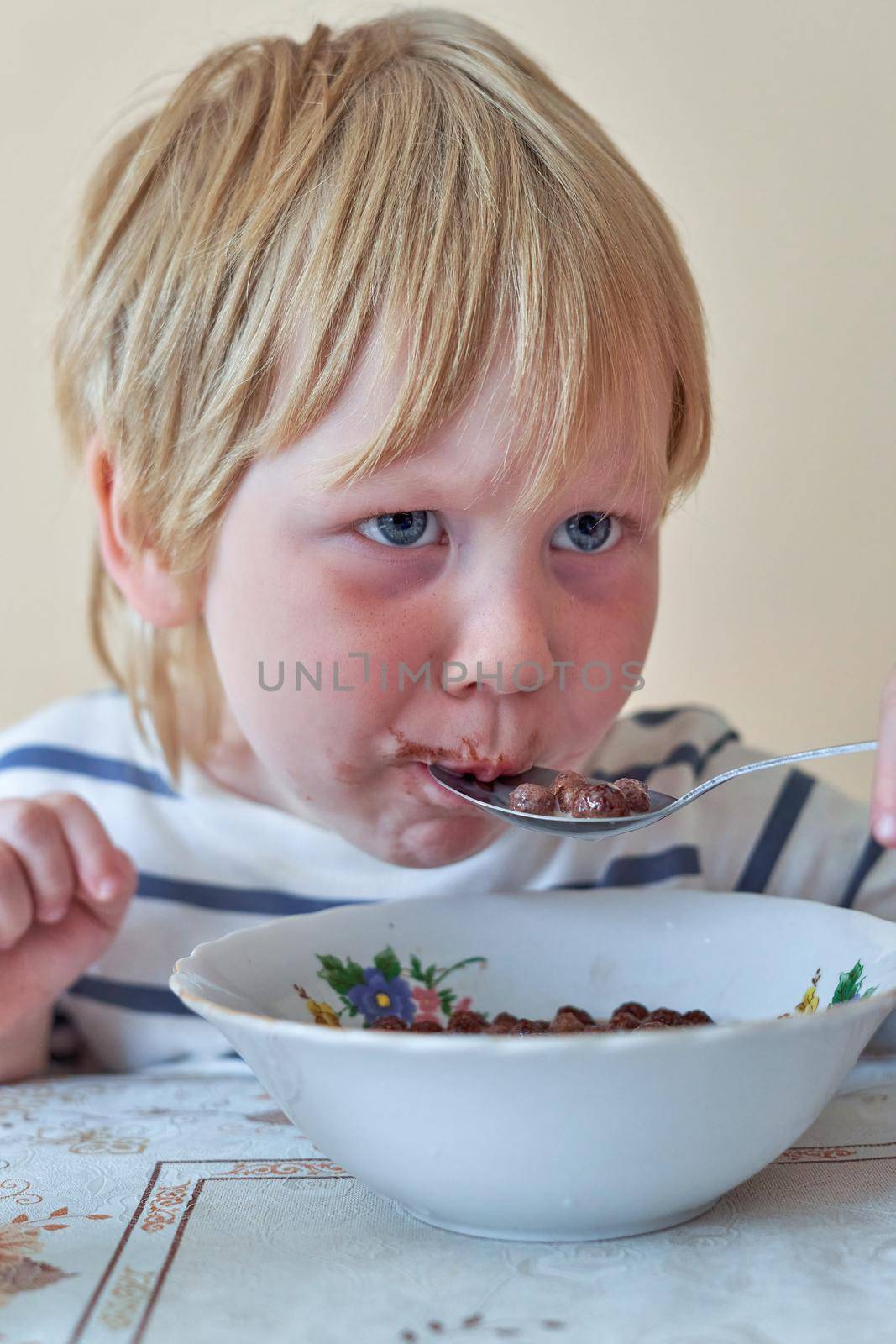 Little boy is having breakfast with chocolate balls with milk. Child eats dry breakfast with milk