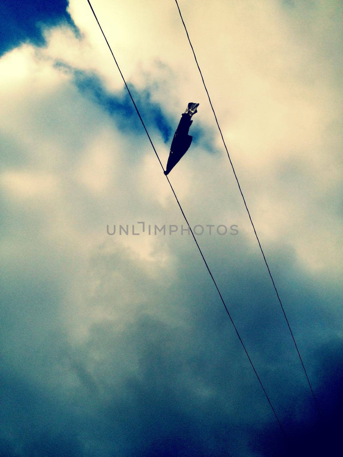 Strange object attached to a phone line against a cloudy blue sky by njproductions