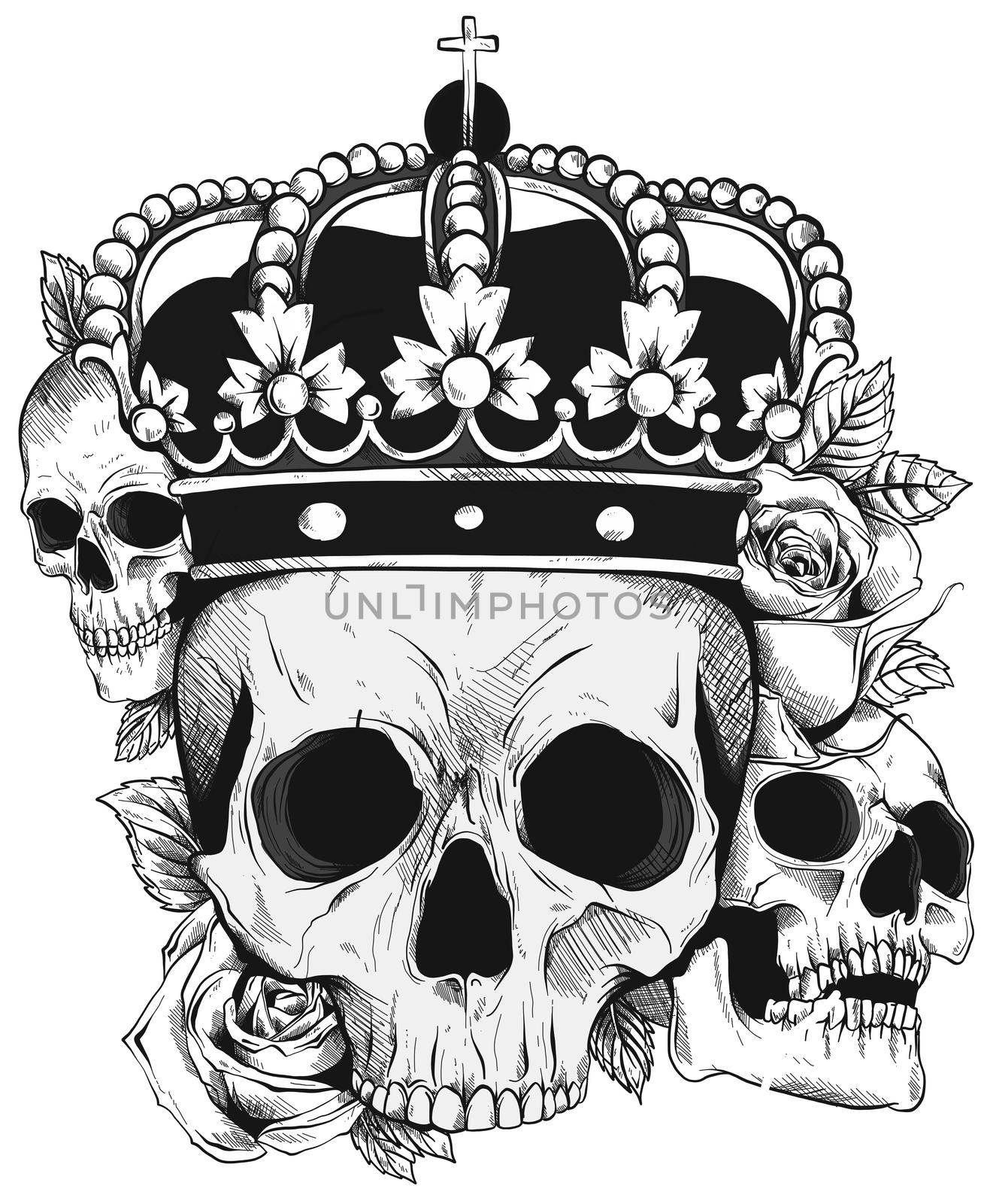 Graphic black and white human skull with royal lily king crown and diamonds on white background by dean