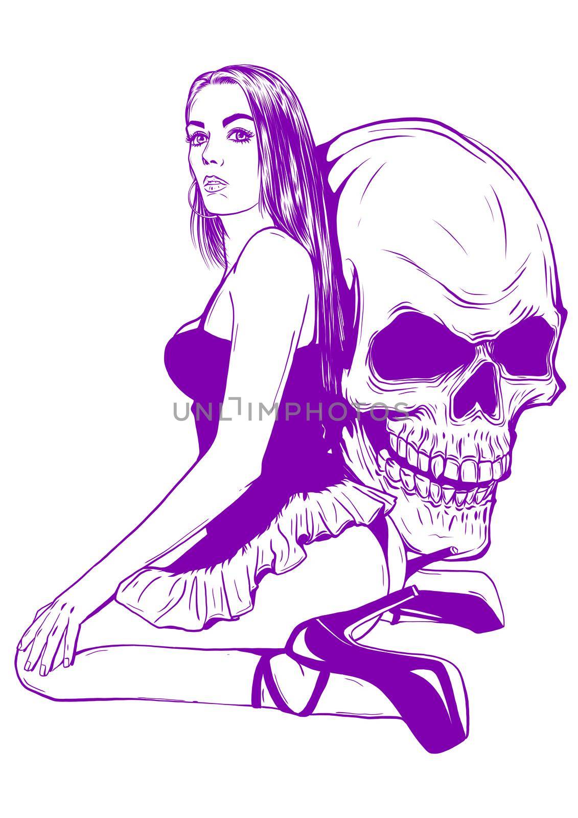 Girl with skeleton make up hand drawn sketch. Santa muerte woman witch portrait stock illustration Day of the dead face art by dean