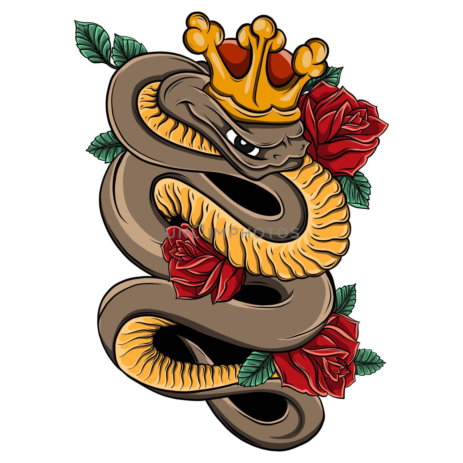 Ink and pen drawing, snake and roses