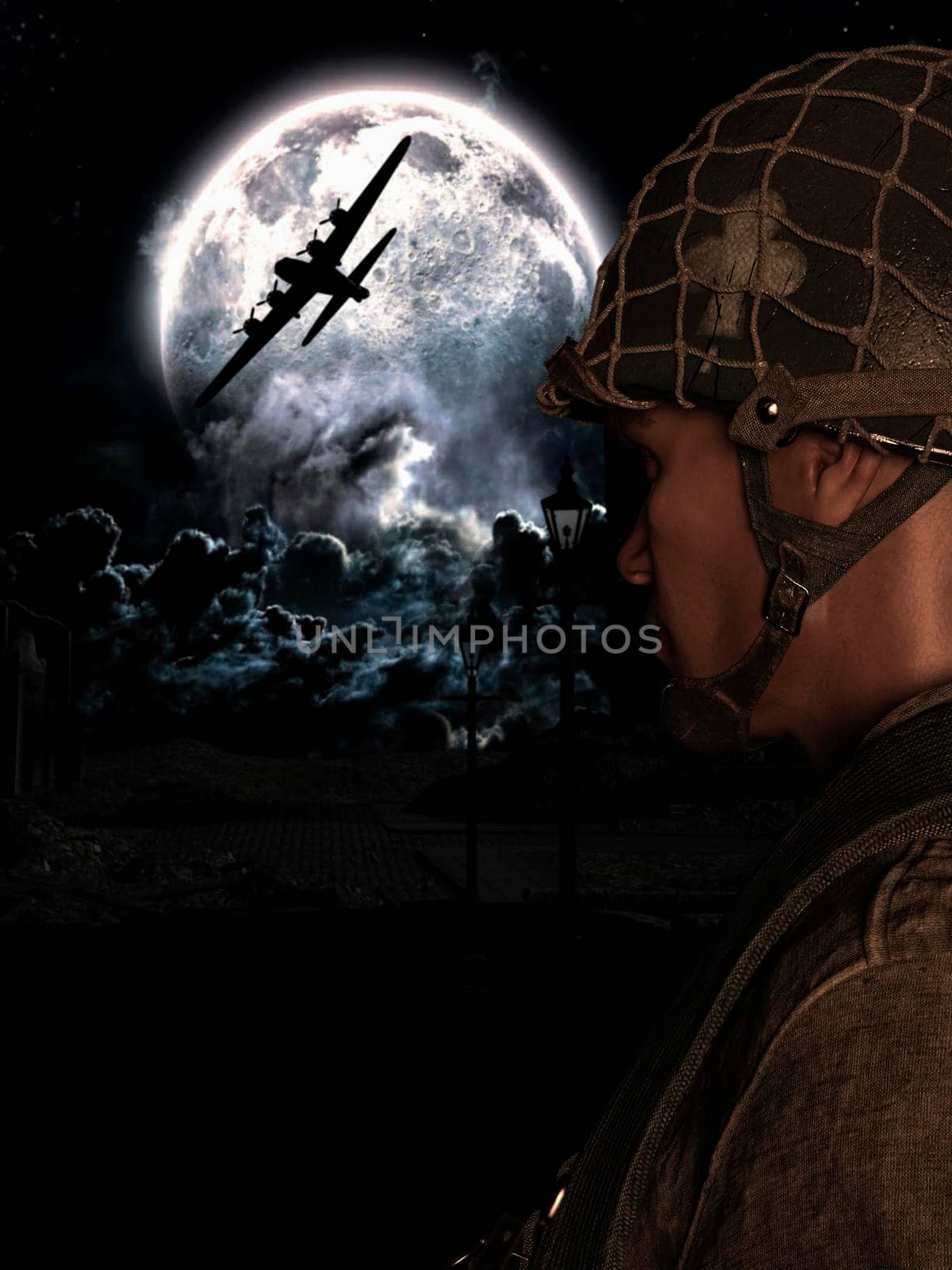 Illustration of a world war 2 night battle scene with a US soldier, US airplane and destroyed buildings. by ankarb