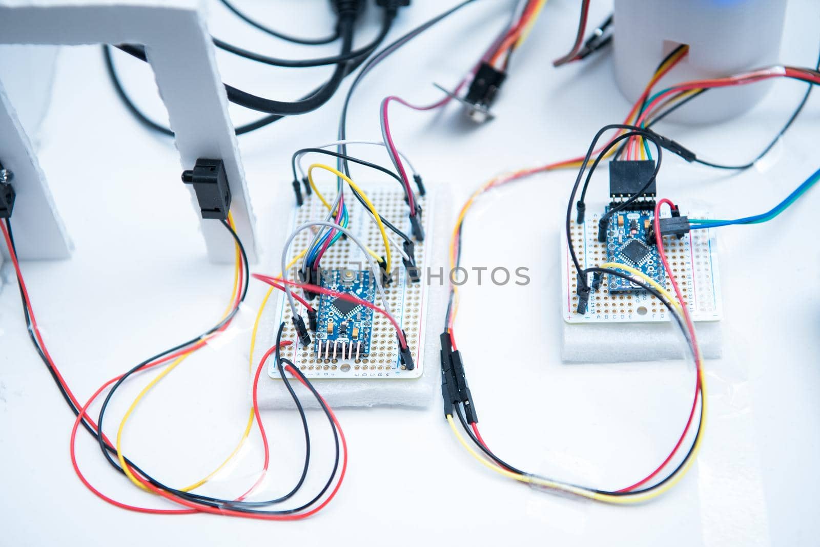 Student Science project with colorful electrical cables for student science project