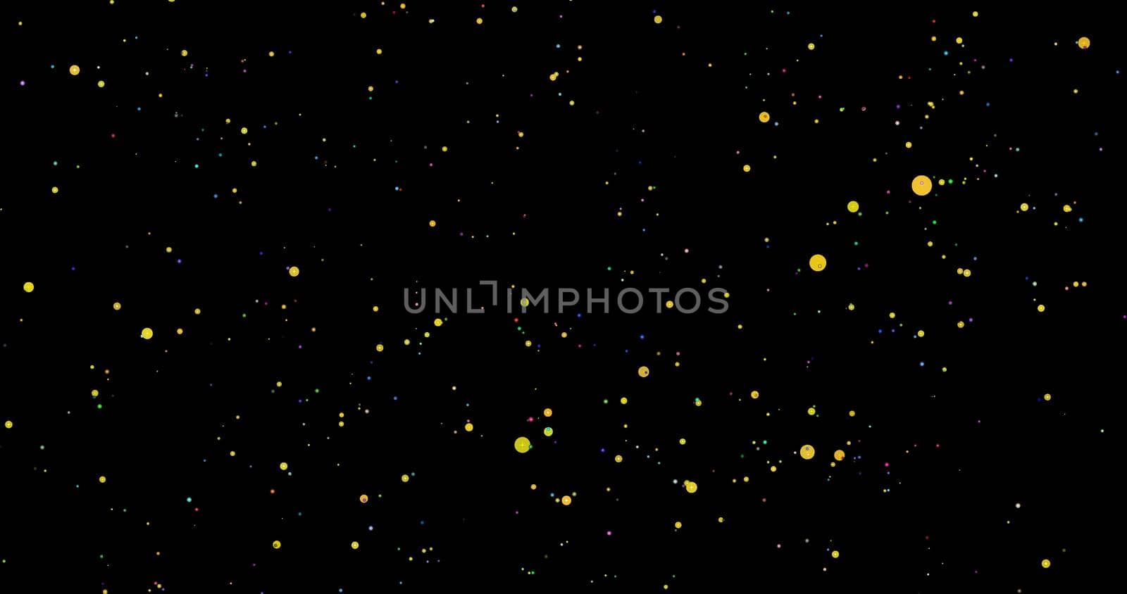 Abstract yellow gold background of glowing shiny moving blurry bokeh particles, sparkles on black background. Christmas pattern with sparkles.