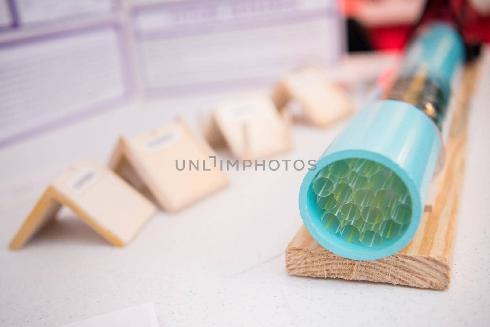 Exhibition of science project containing blue tube with green tubes inside by jyurinko