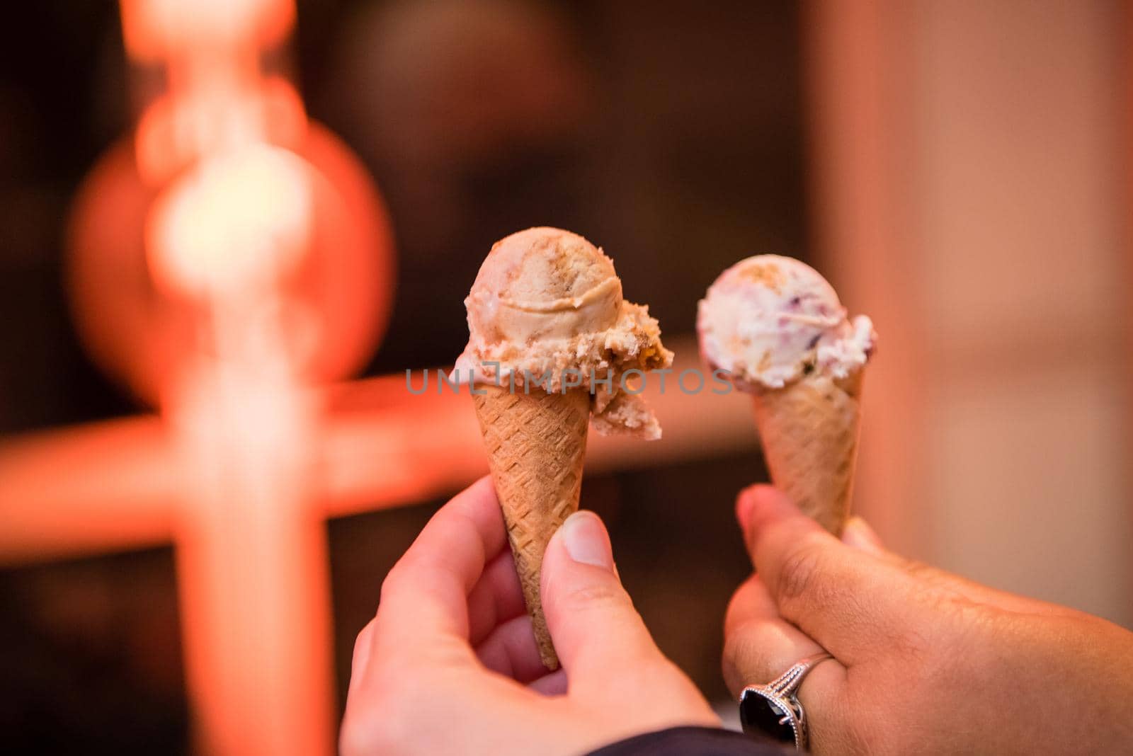 Mini chocolate and strawberry ice cream cones. Close up by jyurinko