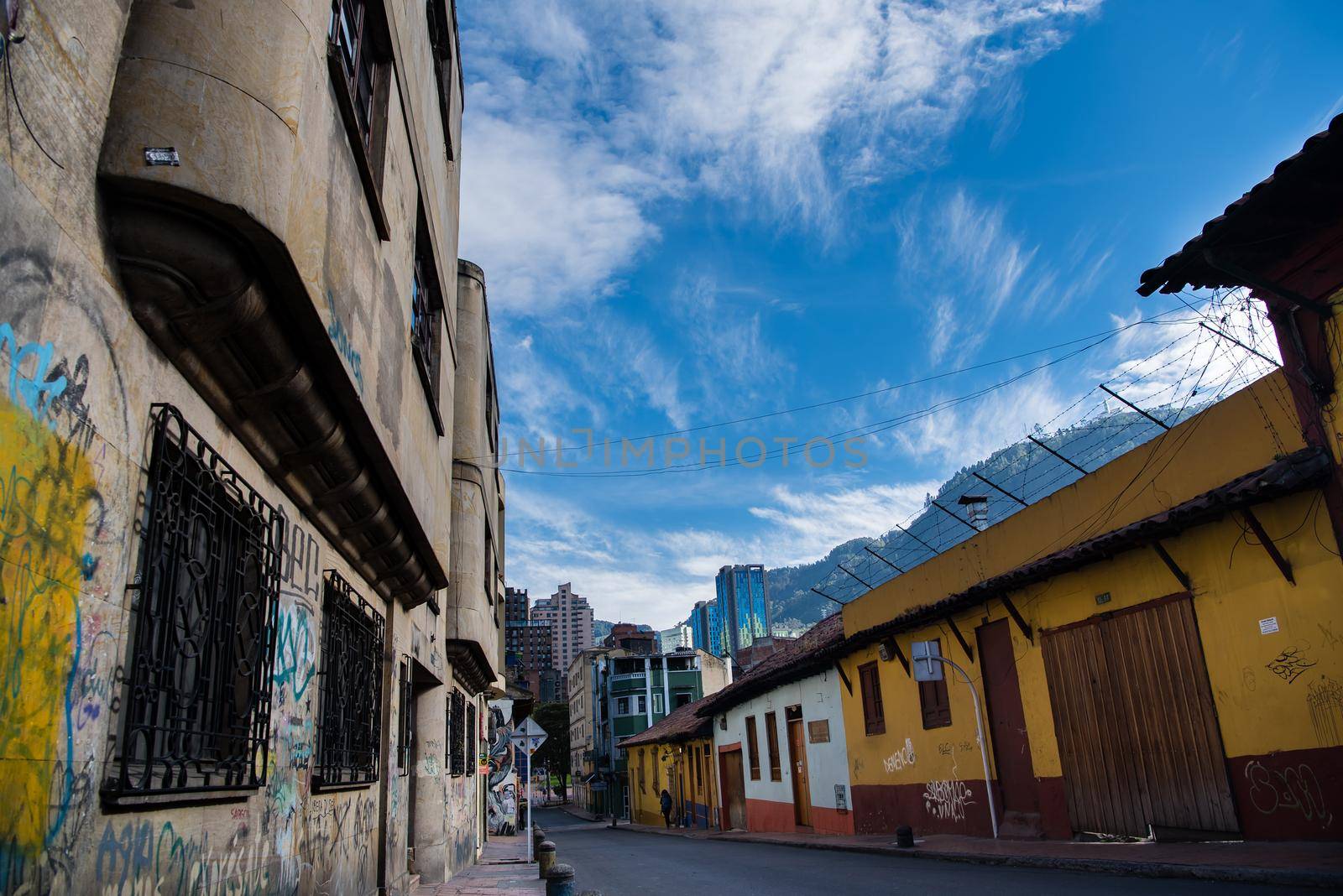 View of graffiti homes in Bogota, Colombia. Wide angle view.
