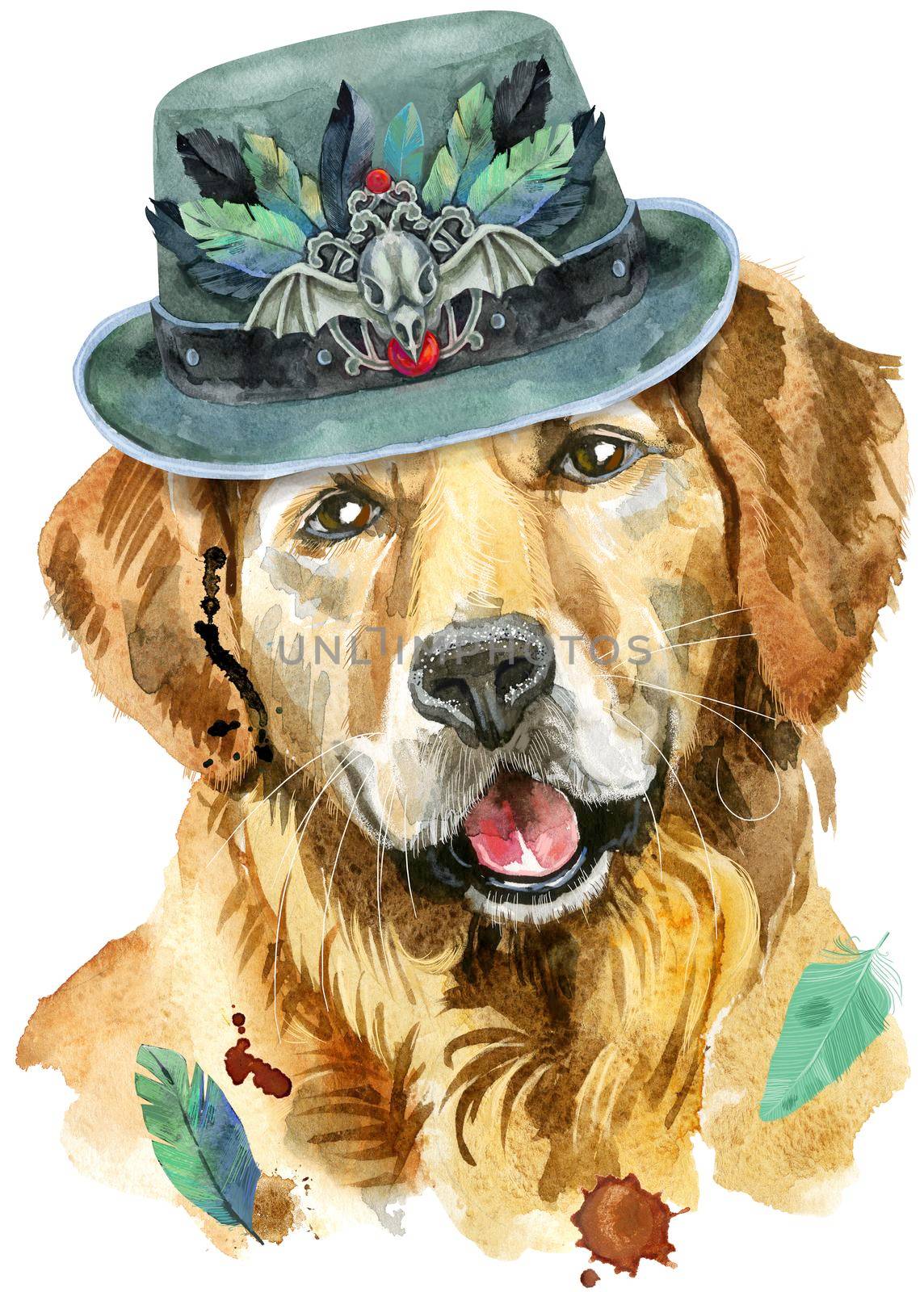 Watercolor closeup portrait of golden retriever in olive hat with raven skull and feathers. Breed dog isolated on white background. Hand drawn sweet home pet. Greeting card design.