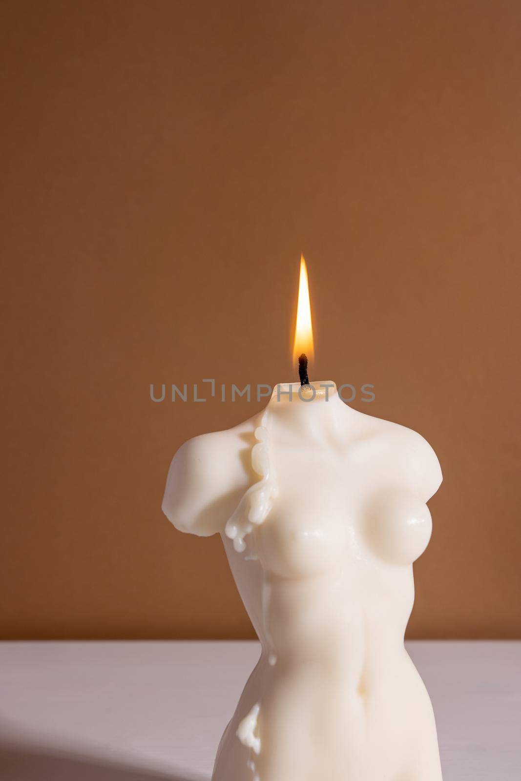 Candle in woman torso shape in brown interior with stone and dried flowers, autumn atmosphere by katrinaera